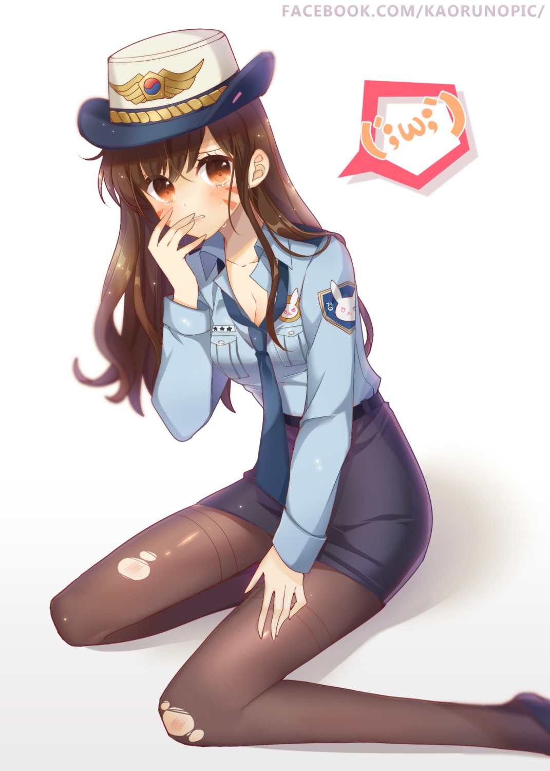 atobesakunolove, cleavage, d.va, official_watermark, overwatch, pantyhose, police_uniform, torn_clothes