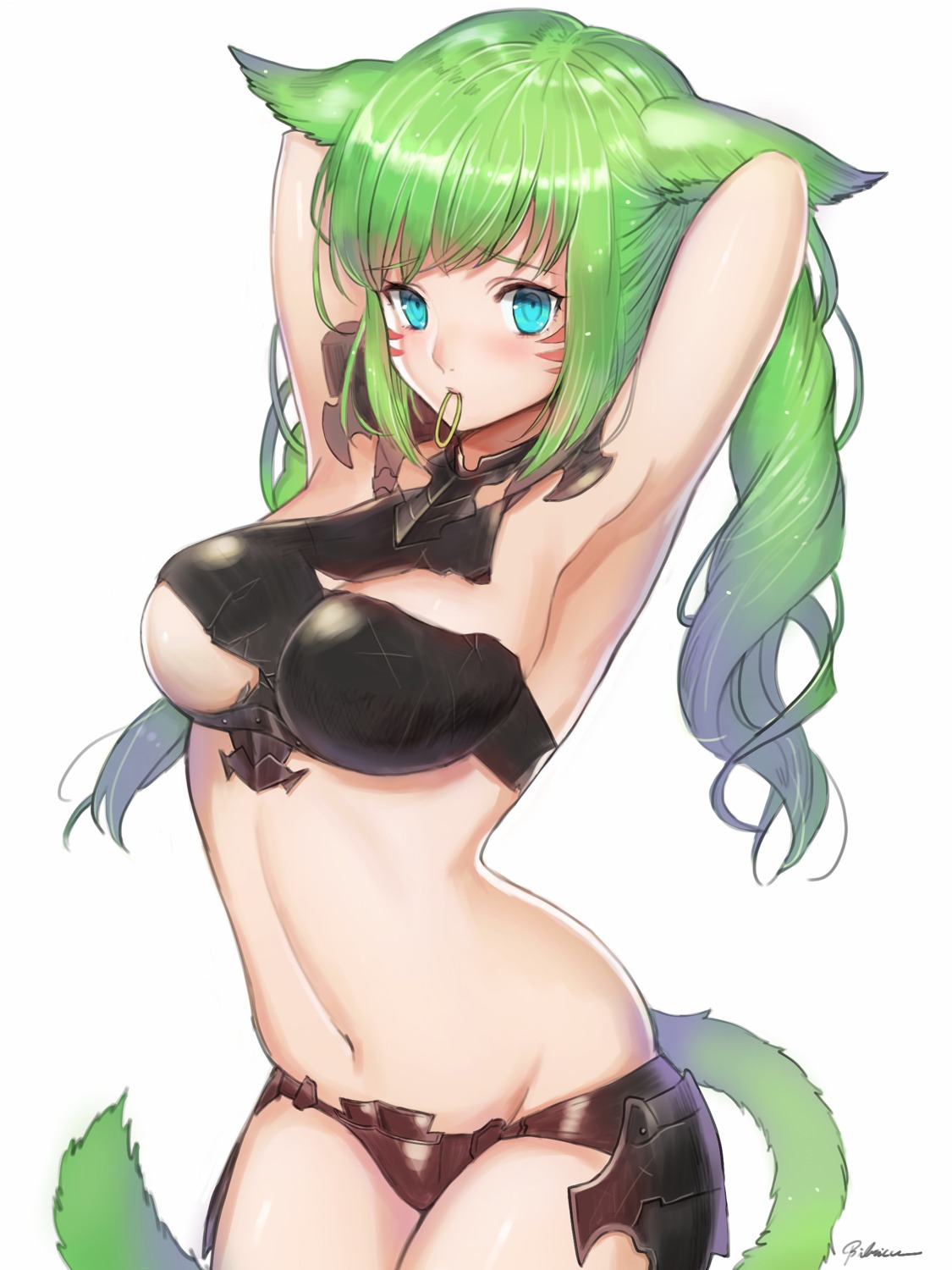 animal_ears, bibiko, bikini_armor, final_fantasy, final_fantasy_xiv, miqo'te, tail, torn_clothes