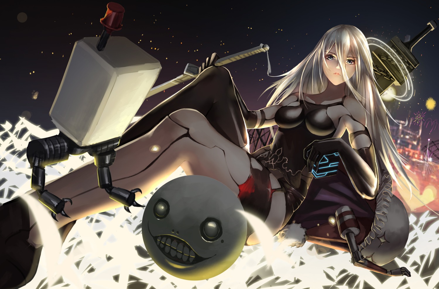 mecha, mecha_musume, nier, nier_automata, sword, thighhighs, torn_clothes, yorha_type_a_no.2, yun_lin