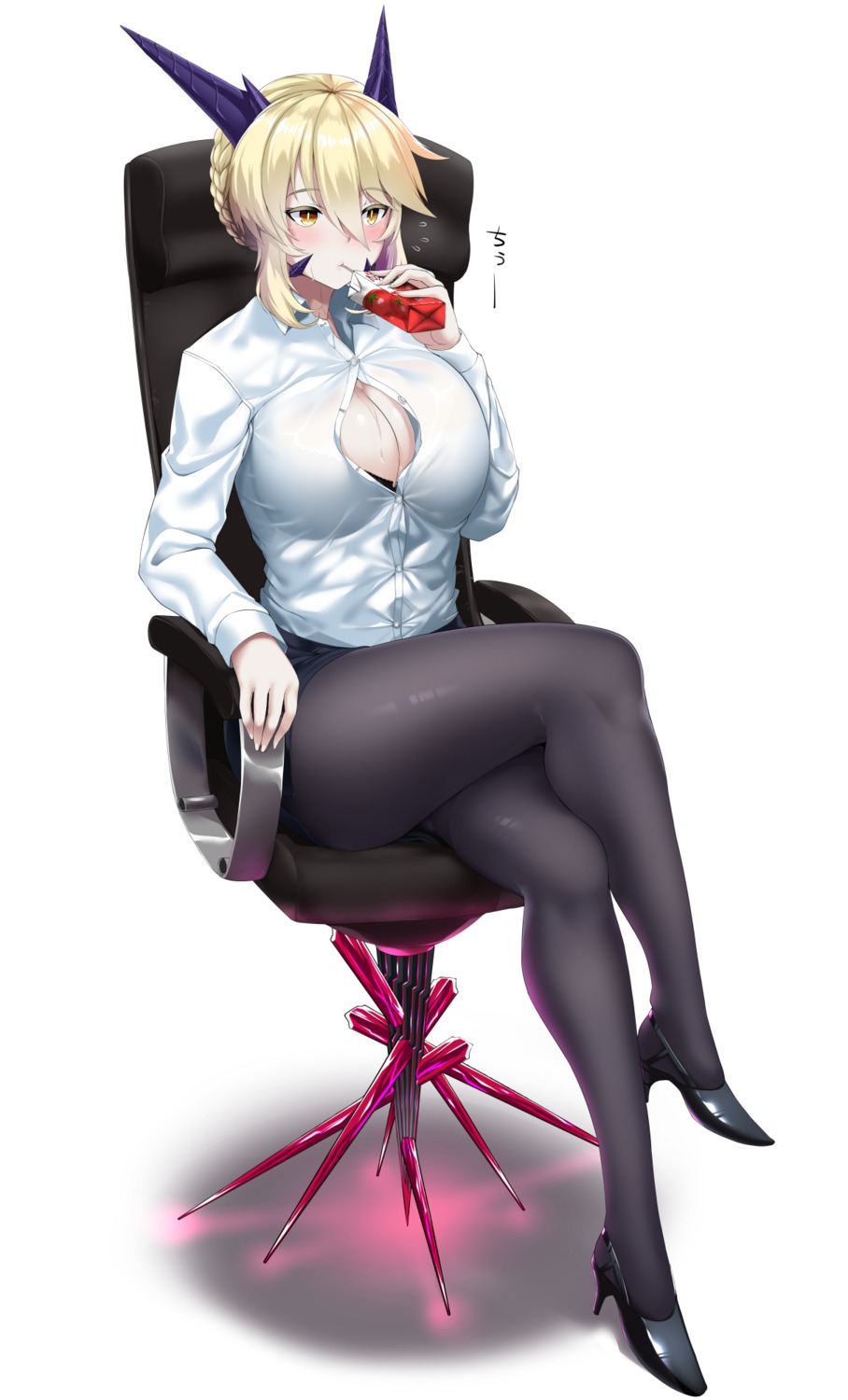 artoria_pendragon_(fate), artoria_pendragon_alter_(fate), bra, cleavage, fate/grand_order, heels, hitotsuki_nebura, horns, open_shirt, pantyhose