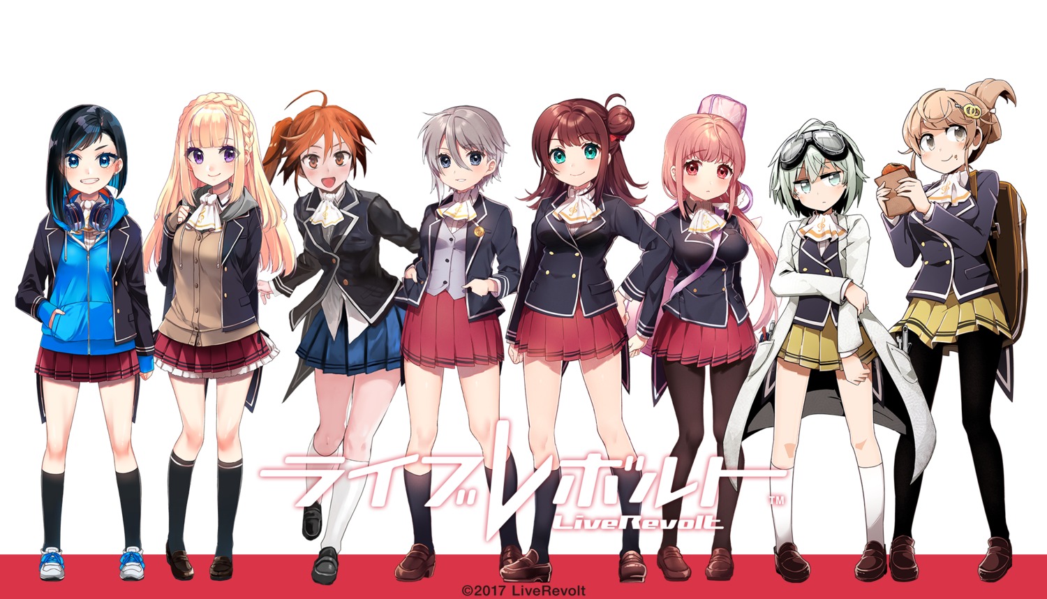 fujiwara_akane, headphones, hirai_kana, liverevolt, miyashiro_rina, noda_kokomi, pantyhose, seifuku