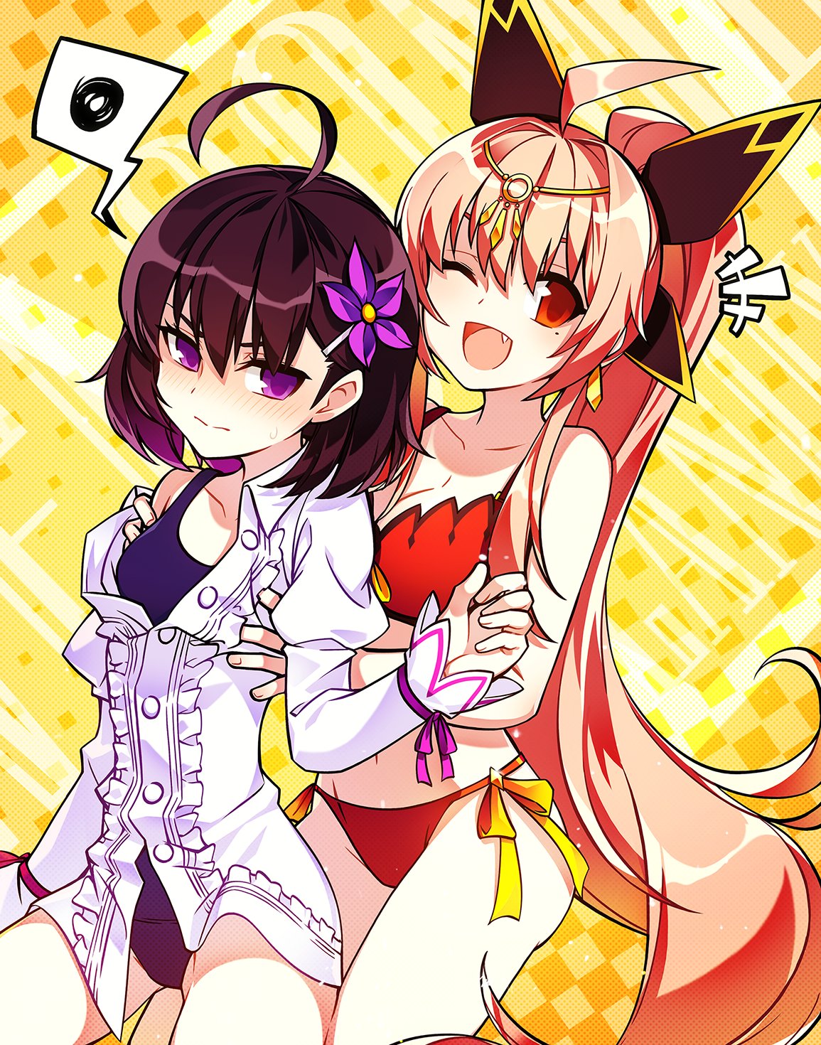 bikini, cleavage, edel_(elsword), elsword, hwansang, ignia_(elsword), open_shirt, school_swimsuit