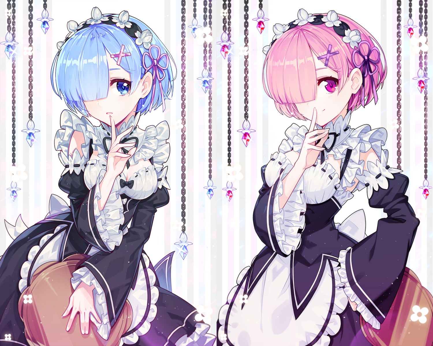 cleavage, hwansang, maid, ram_(re_zero), re:zero_kara_hajimeru_isekai_seikatsu, rem_(re_zero)