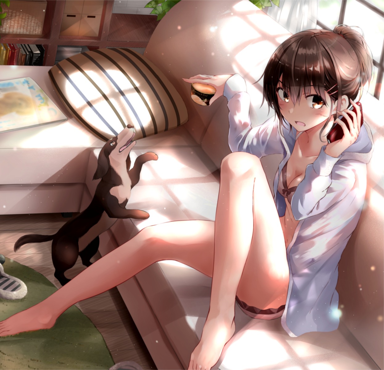 bra, cleavage, feet, fuu_(fuore), open_shirt, pantsu