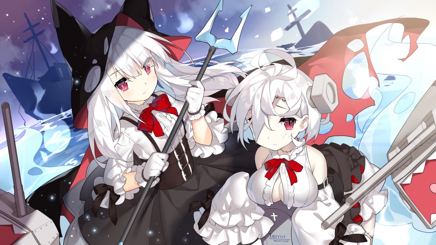 azur_lane, cleavage, erebus_(azur_lane), open_shirt, saru, terror_(azur_lane), torn_clothes, wallpaper