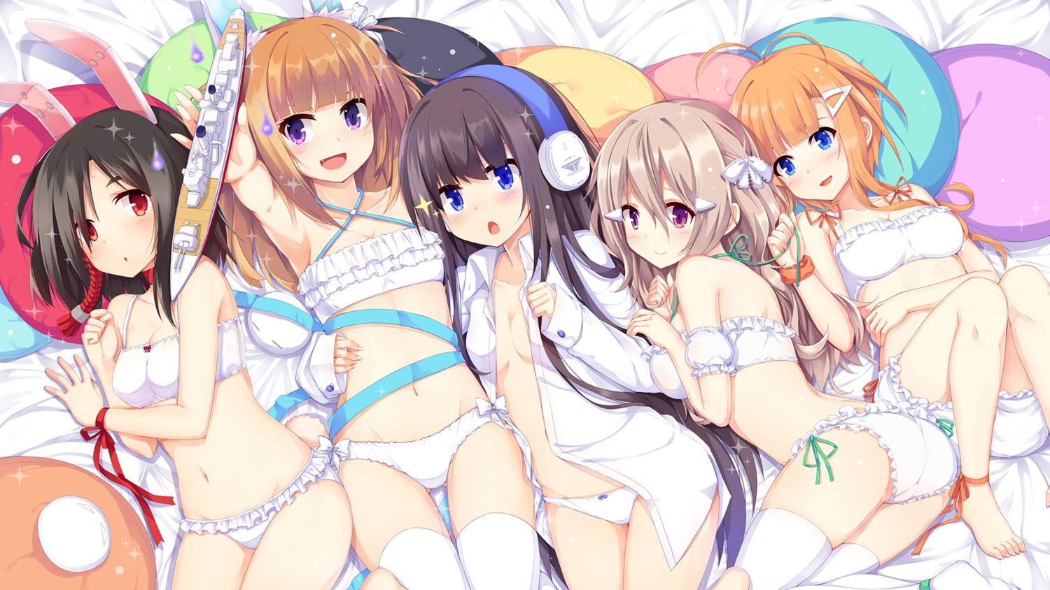 aixioo, animal_ears, ass, azur_lane, bloomers, bra, bunny_ears, cleavage, dress_shirt, fortune_(azur_lane), foxhound_(azur_lane), headphones, kagerou_(azur_lane), long_island_(azur_lane), no_bra, open_shirt, pantsu, shiranui_(azur_lane), tail, thighhighs, wallpaper
