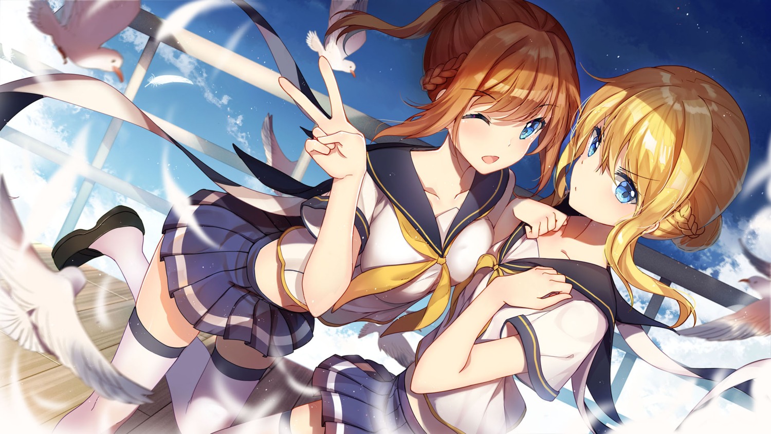 azur_lane, bison_cangshu, renown_(azur_lane), repulse_(azur_lane), seifuku, thighhighs, wallpaper