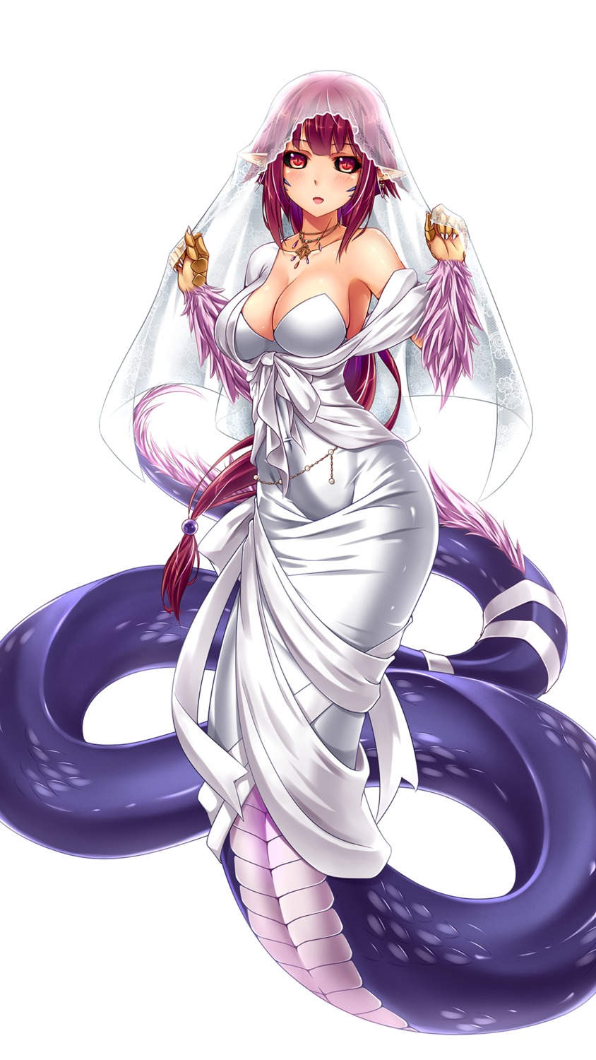 basilisk_(monster_girl_encyclopedia), cleavage, dress, midnight, monster_girl, monster_girl_encyclopedia, pointy_ears, tail, wedding_dress