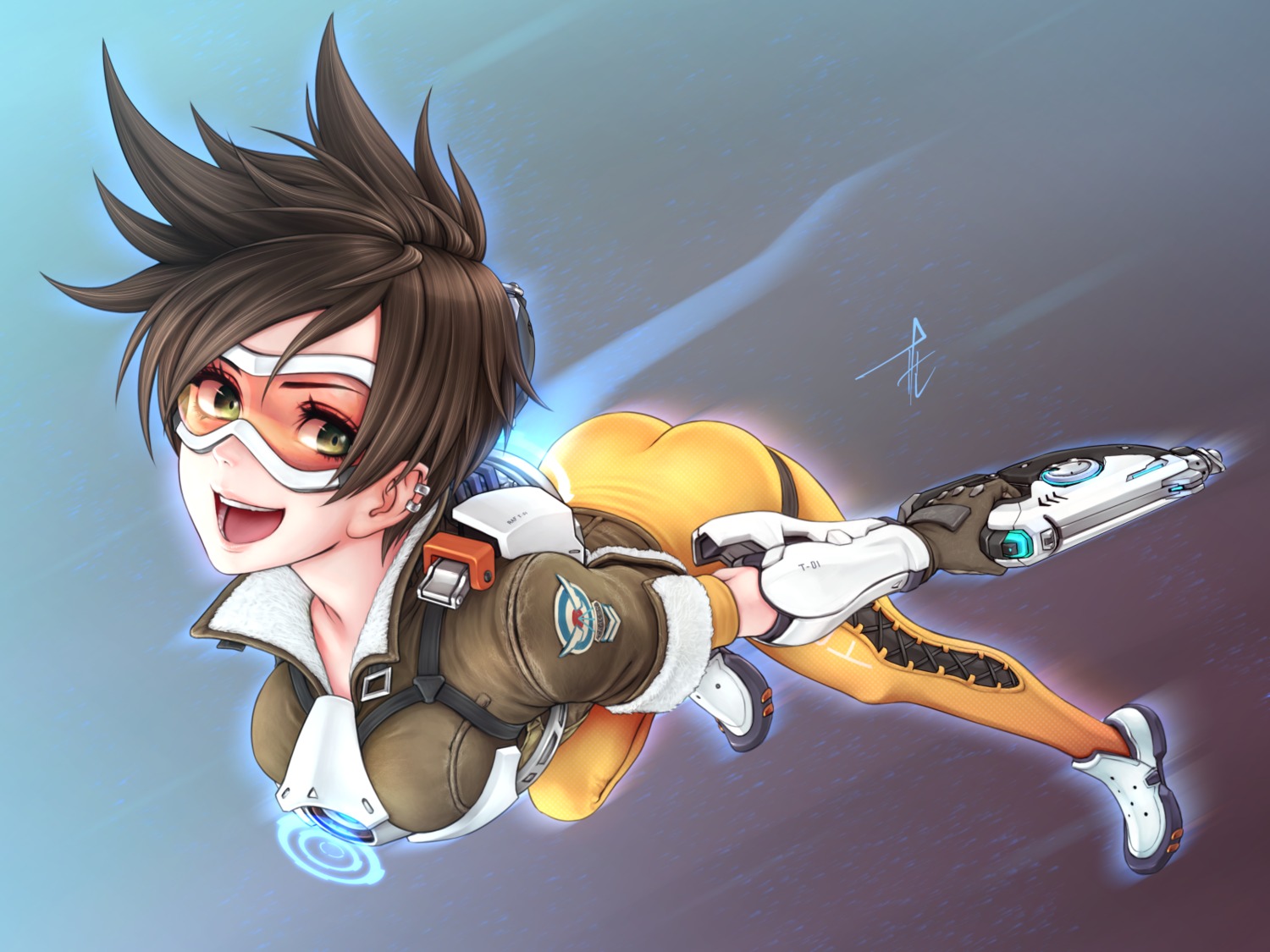 bodysuit, gun, horiishi_horuto, overwatch, tracer, wallpaper
