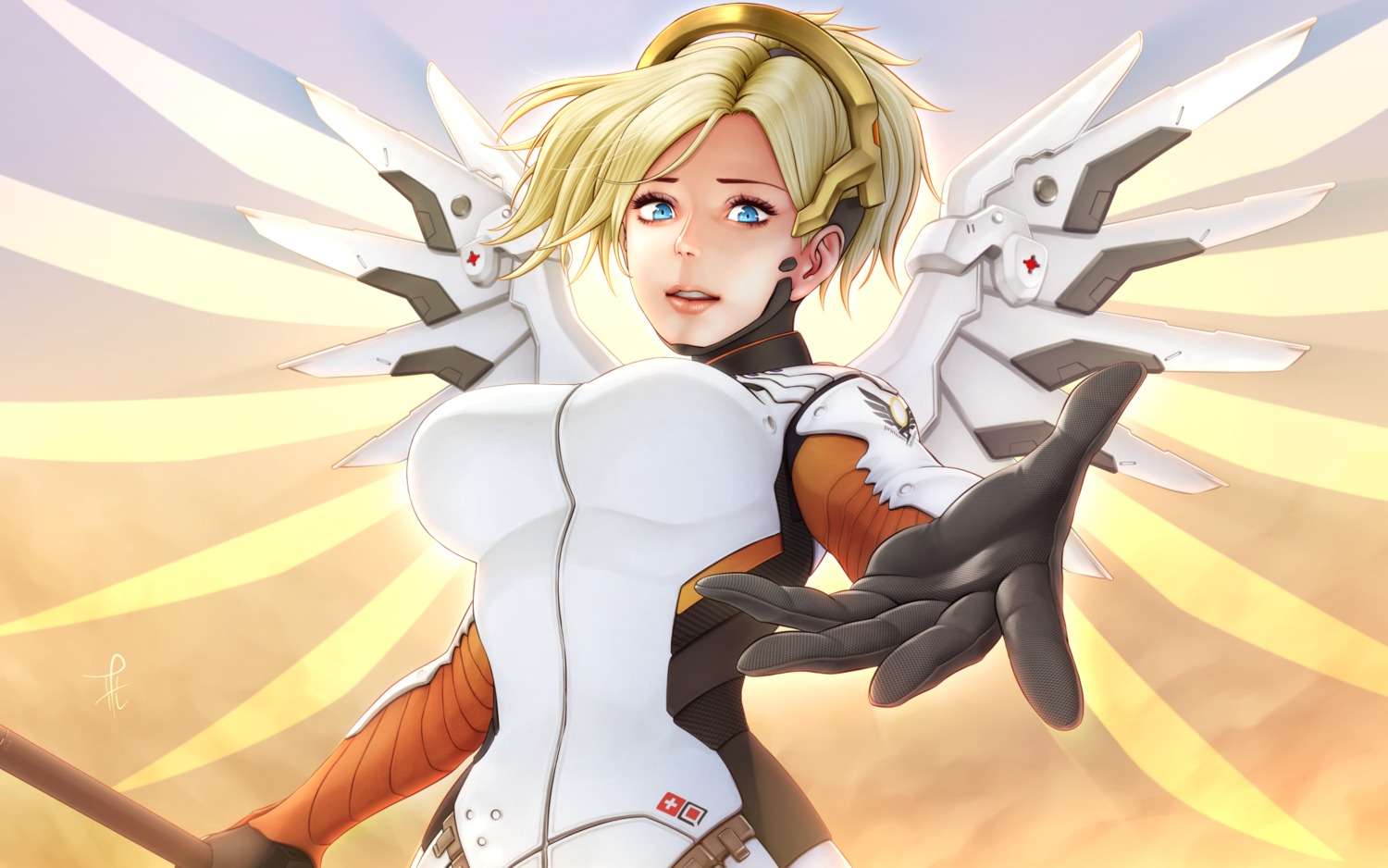 bodysuit, horiishi_horuto, mercy_(overwatch), overwatch, wallpaper, wings