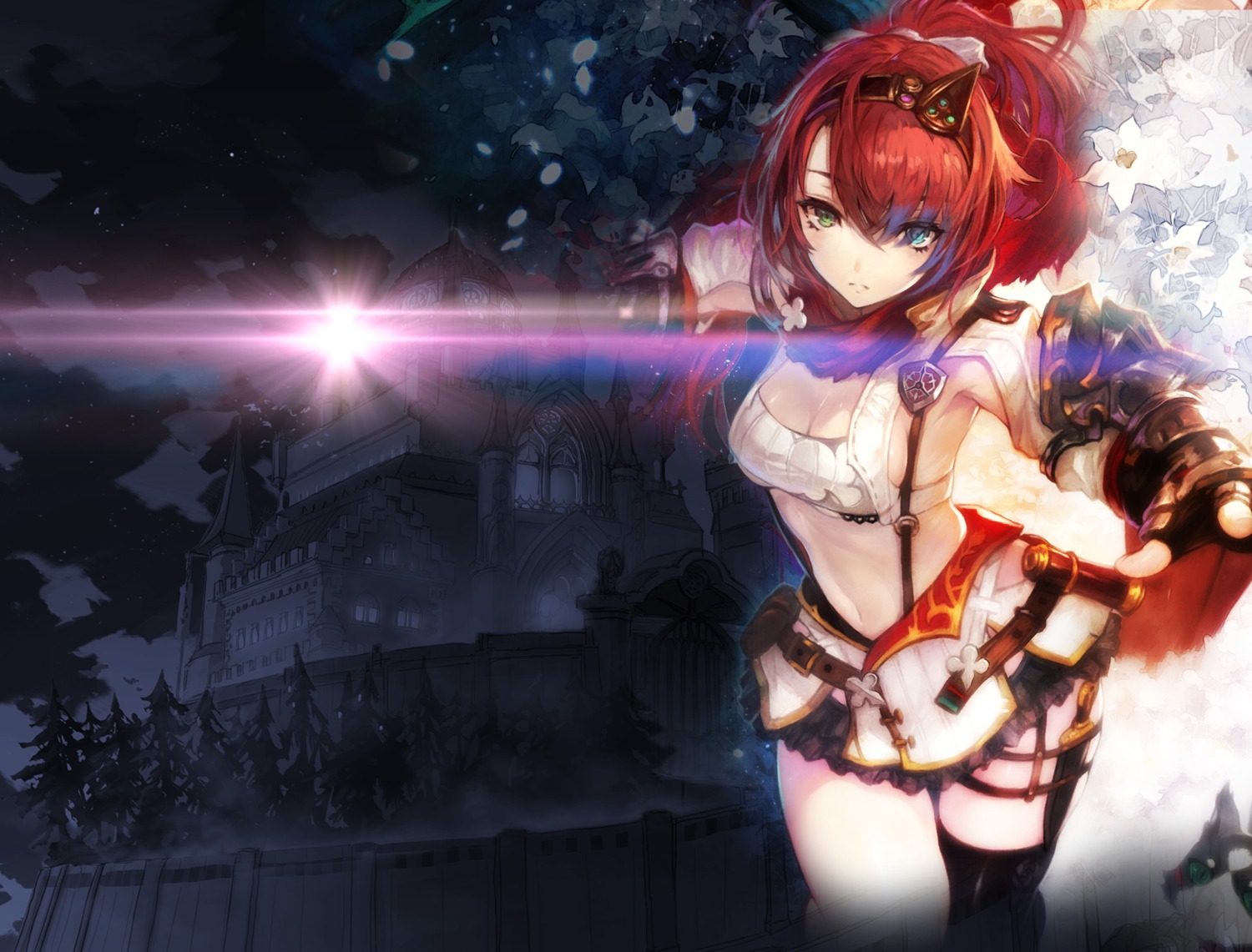 alushe_anatoria, armor, cleavage, heterochromia, sword, thighhighs, weapon, yoru_no_nai_kuni