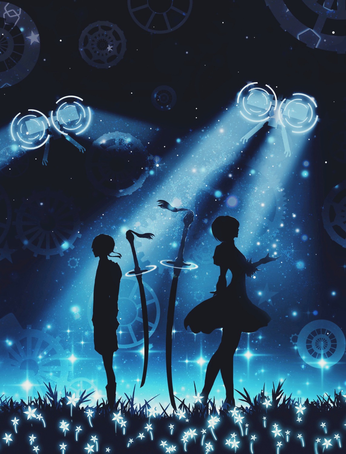 dress, harada_miyuki, nier, nier_automata, silhouette, sword, yorha_no.2_type_b, yorha_no.9_type_s