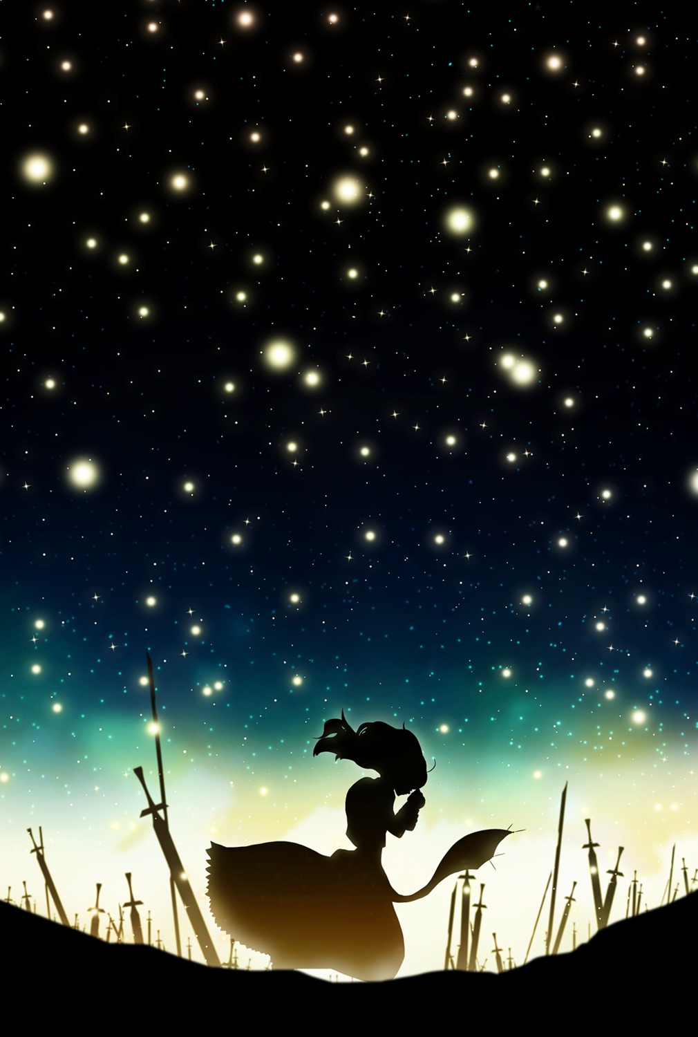 artoria_pendragon_(fate), dress, fate/stay_night, harada_miyuki, landscape, silhouette, sword