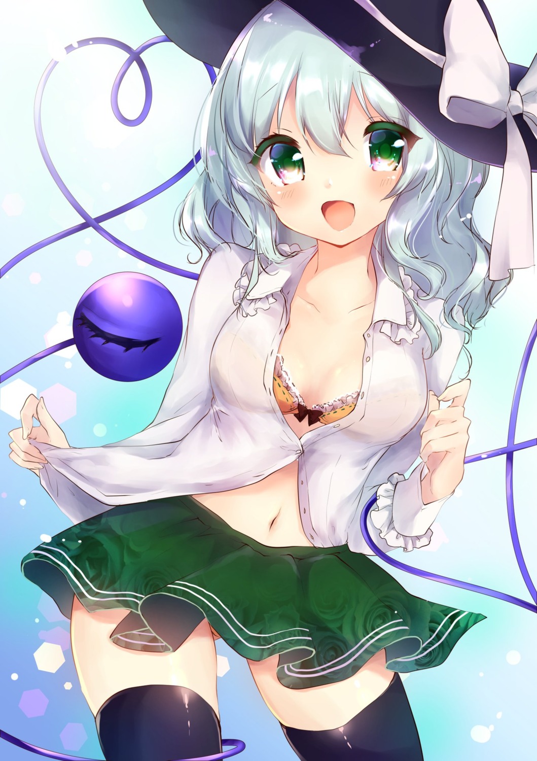 bra, cleavage, komeiji_koishi, open_shirt, shanghai_bisu, thighhighs, touhou