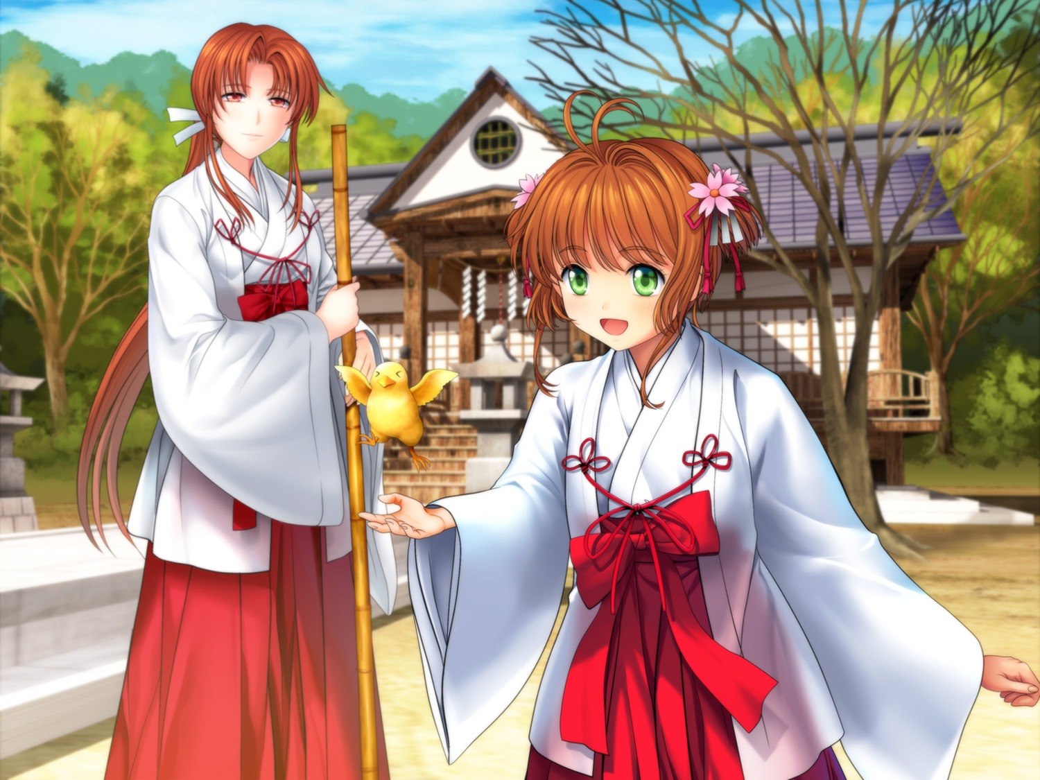 card_captor_sakura, kinomoto_sakura, miko, mizuki_kaho, moonknives, wallpaper