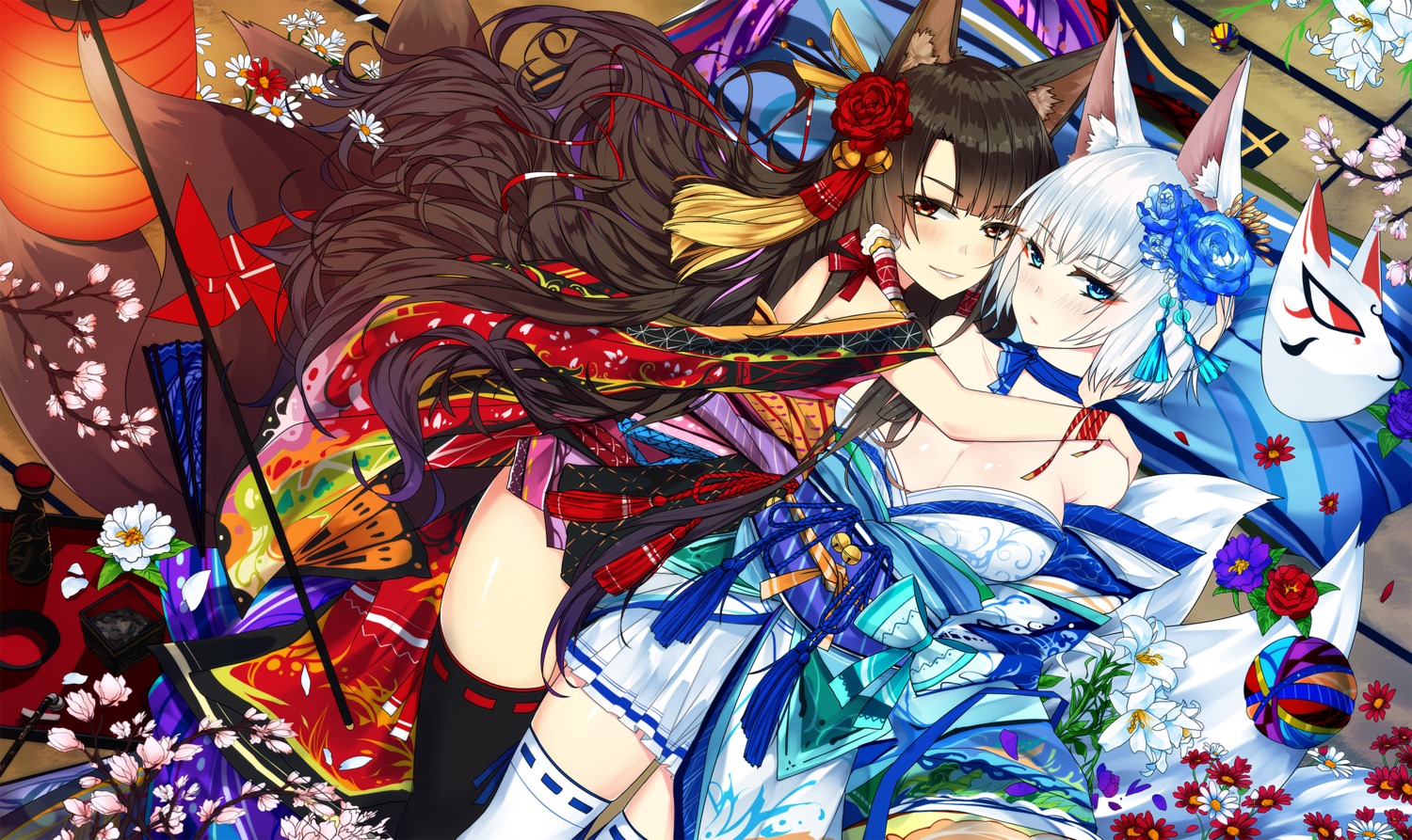 animal_ears, bba1985, japanese_clothes, kitsune, open_shirt, tail, thighhighs