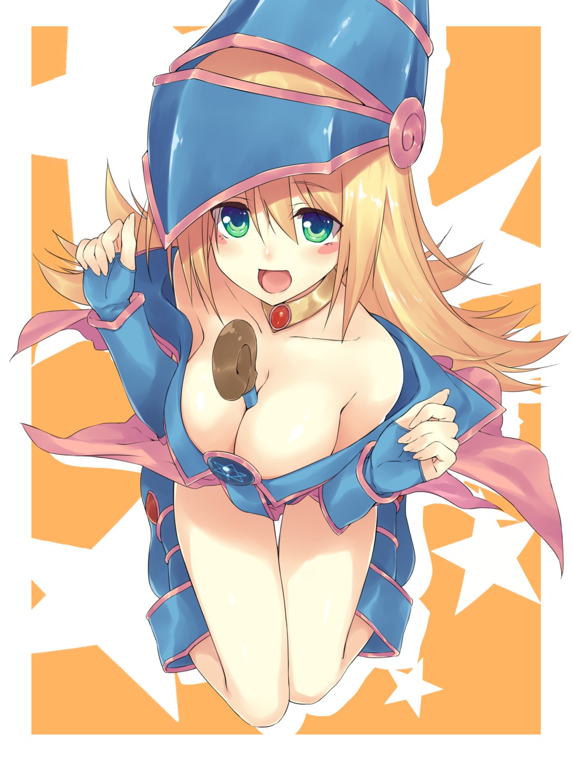 armor, cleavage, dark_magician_girl, ite_fuji, open_shirt, yugioh