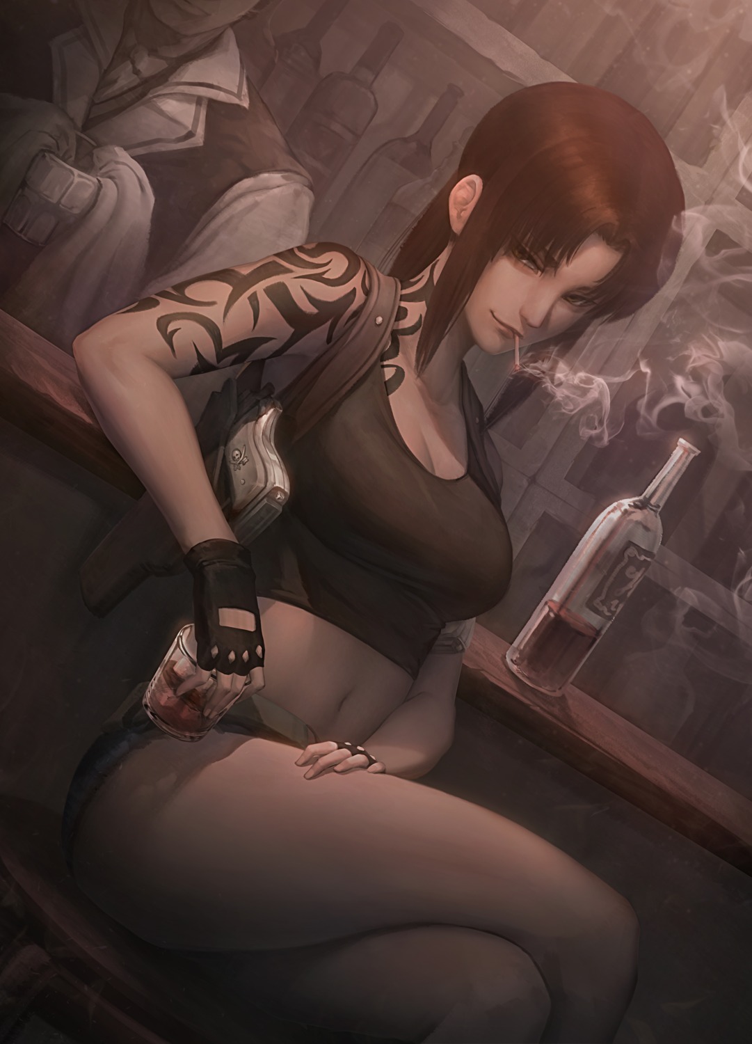 black_lagoon, cleavage, gun, peachpa, revy, smoking, tattoo