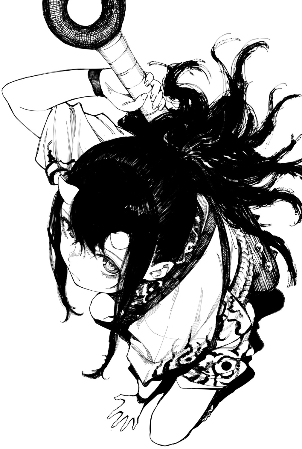 horns, monochrome, nishi_yusuke, weapon