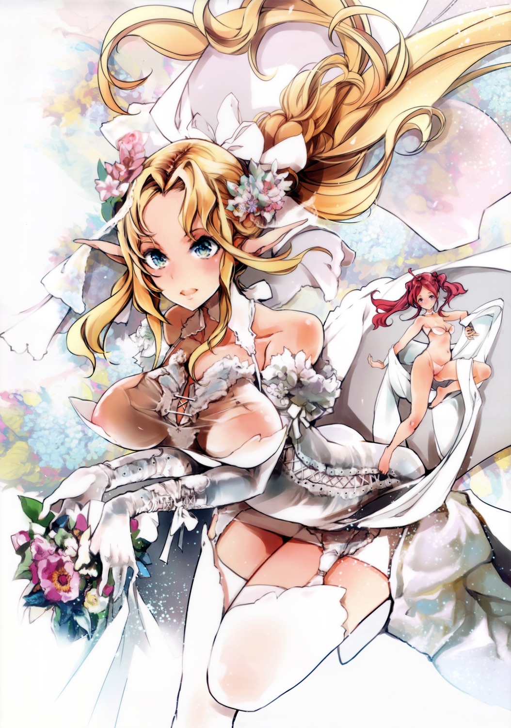 bikini, cleavage, dress, elf, endou_okito, fairy, garter_belt, no_bra, pointy_ears, see_through, stockings, swimsuits, thighhighs, wedding_dress