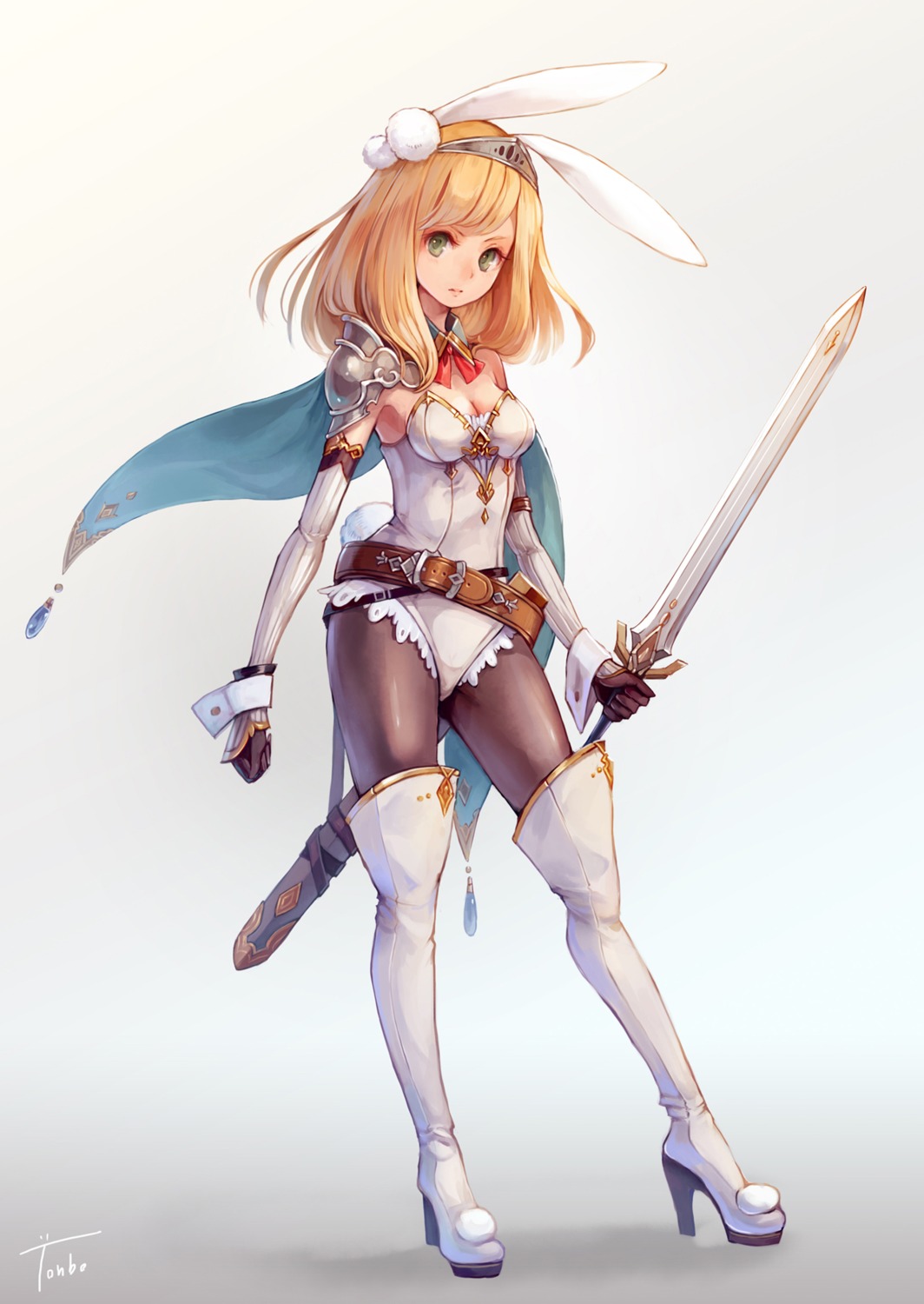 aka_tonbo_(lovetow), animal_ears, armor, bunny_ears, cleavage, heels, leotard, pantyhose, sword, tail