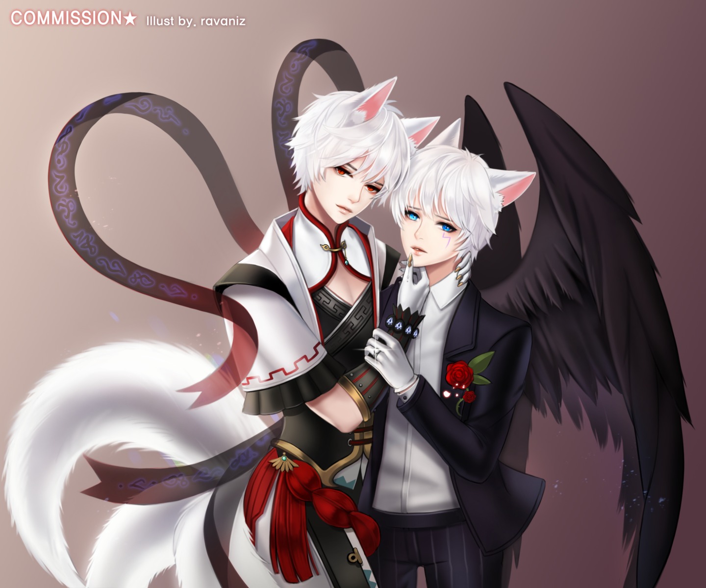 animal_ears, business_suit, elsword, heterochromia, male, ravaniz, tail, wings