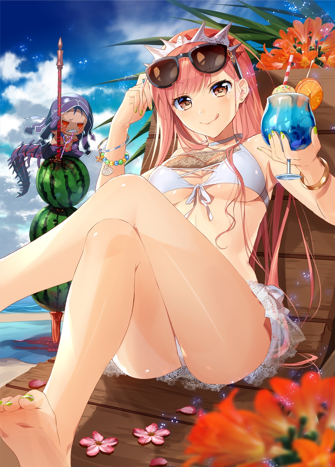 bikini, cleavage, cu_chulainn_alter_(fate), fate/grand_order, feet, medb_(fate), megane, murakami_yuichi, swimsuits, tail, underboob, weapon
