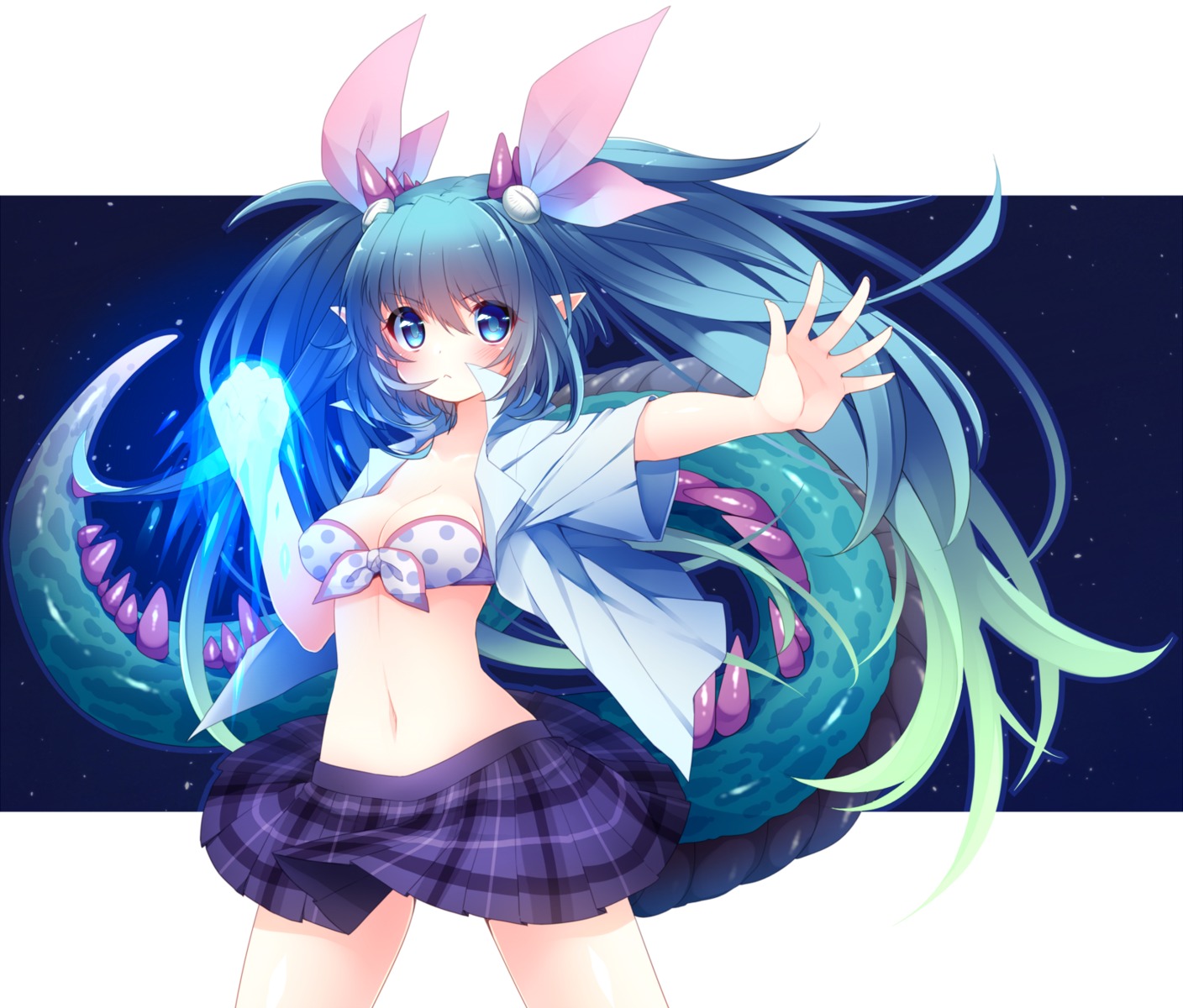 bra, cleavage, horns, magia_break, open_shirt, pointy_ears, seifuku, tail, usamata