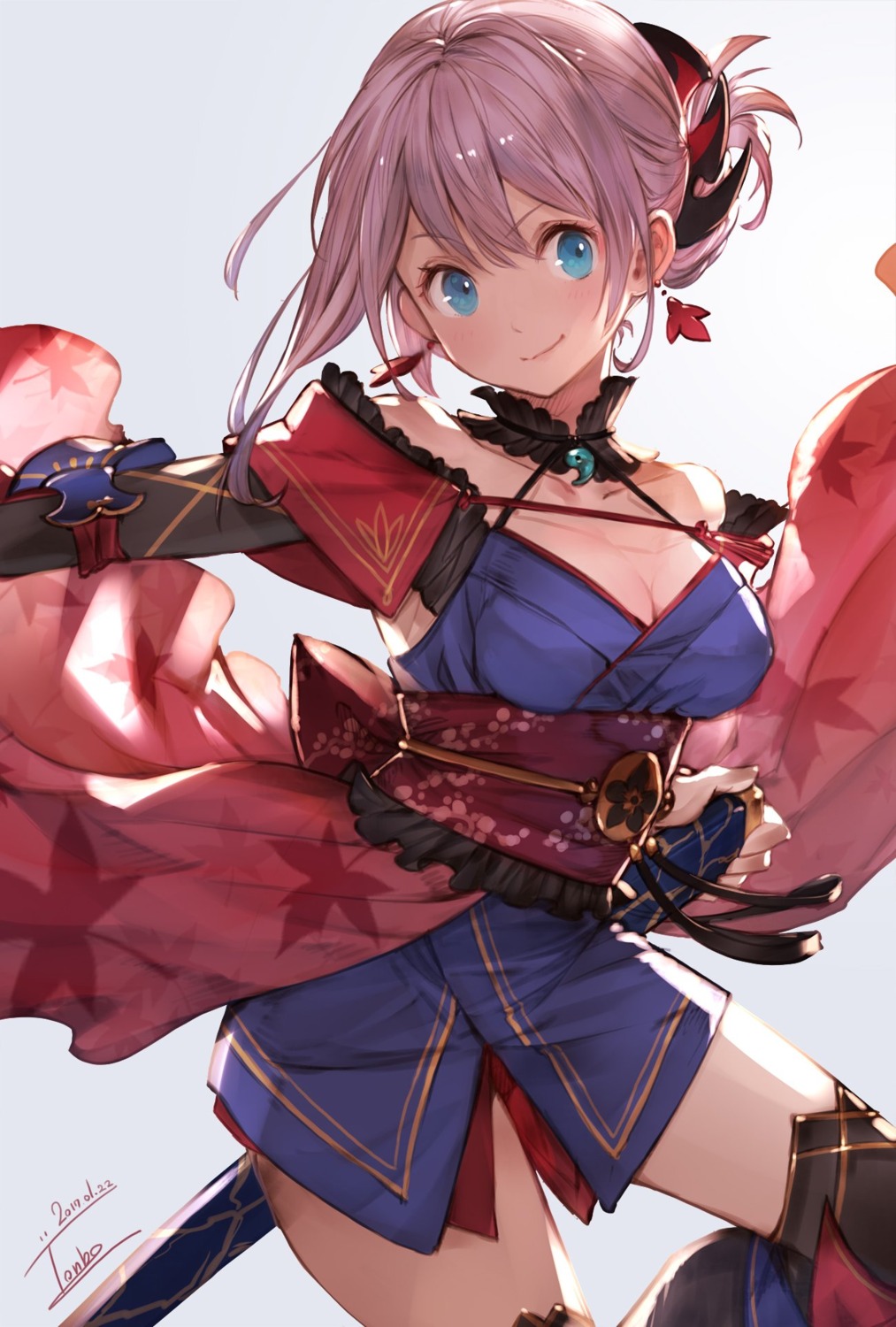 aka_tonbo_(lovetow), cleavage, fate/grand_order, japanese_clothes, miyamoto_musashi_(fate), thighhighs