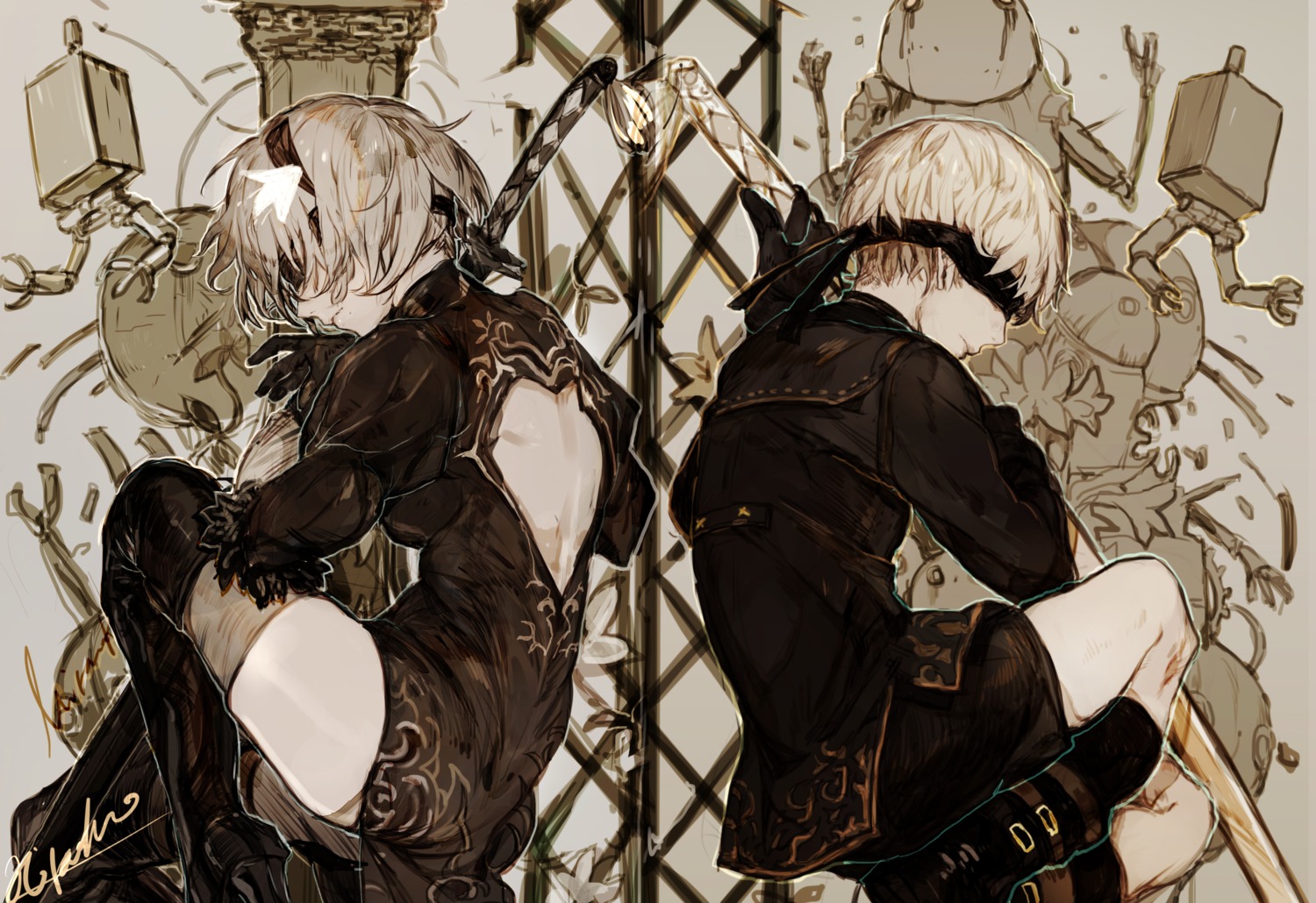 dress, heels, hiranko, nier, nier_automata, sword, thighhighs, yorha_no.2_type_b