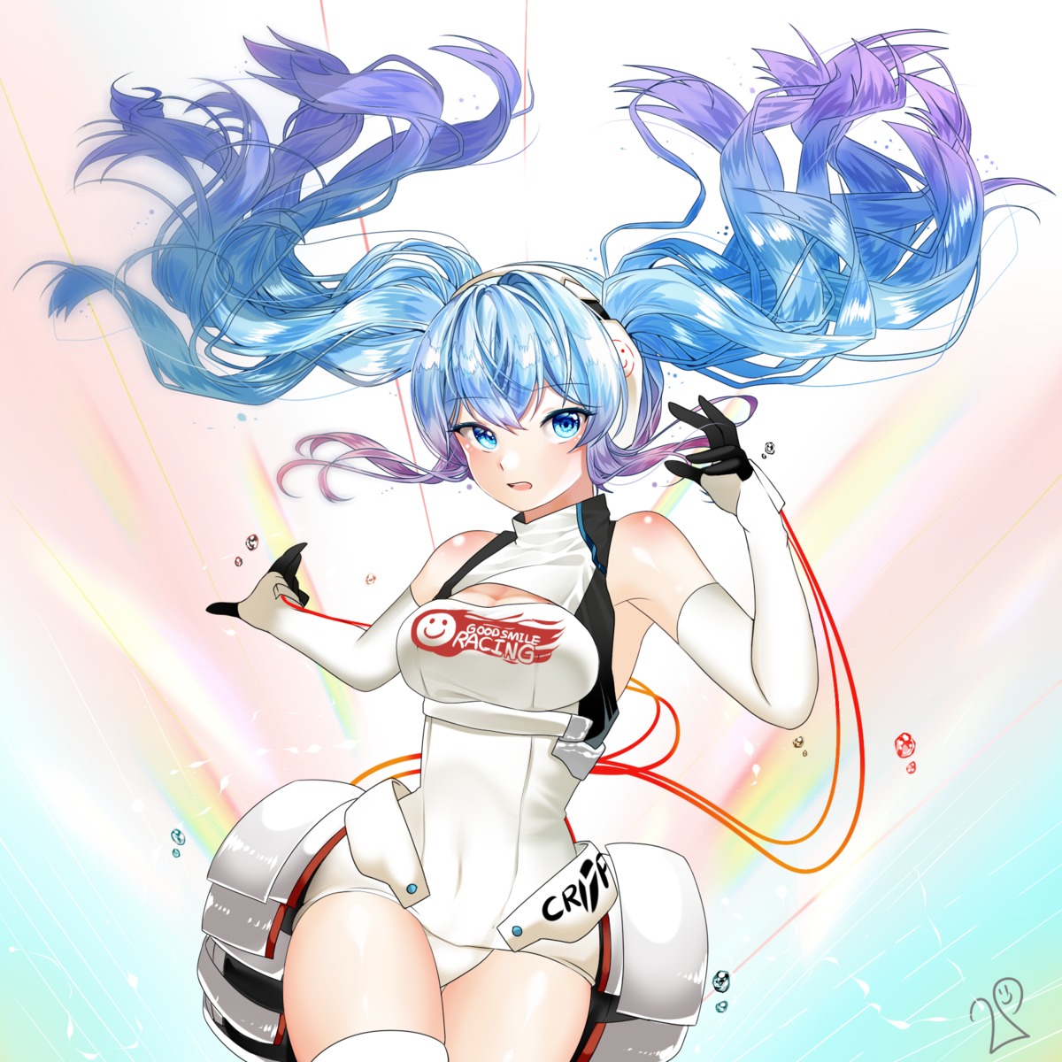 bodysuit, cleavage, goodsmile_racing, hatsune_miku, headphones, lepoule_(kmjh90), racing_miku, thighhighs, vocaloid