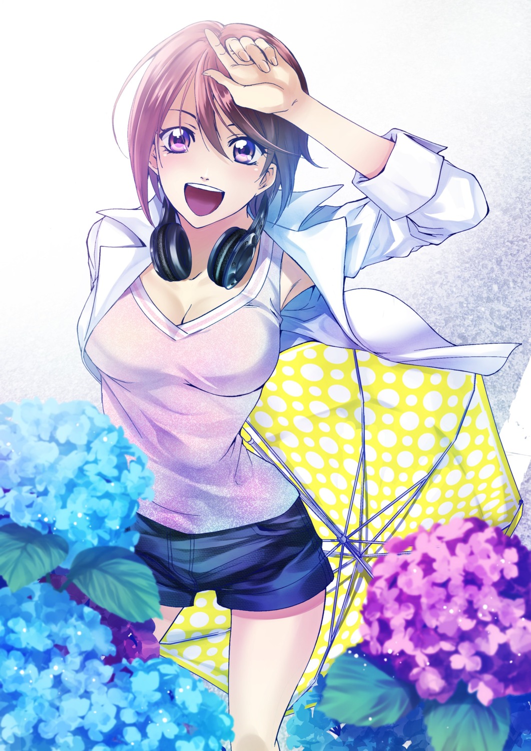 aoi_fuuka, cleavage, fuuka, headphones, seo_kouji, umbrella