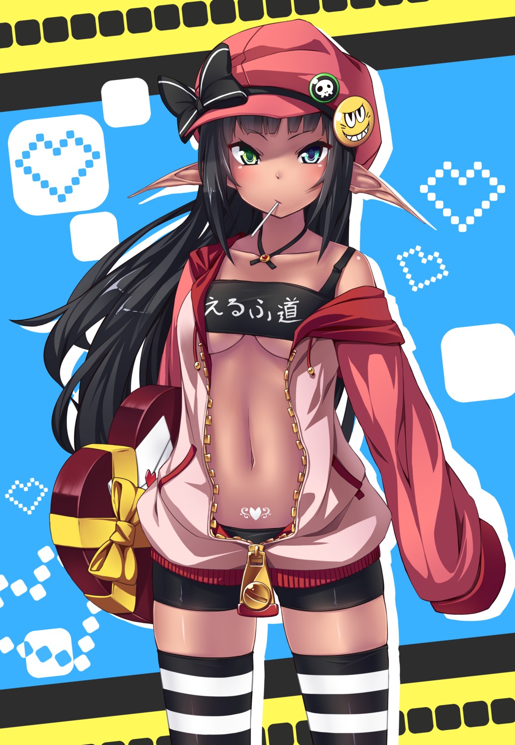elf, heterochromia, open_shirt, pointy_ears, tattoo, thighhighs, ugume, underboob
