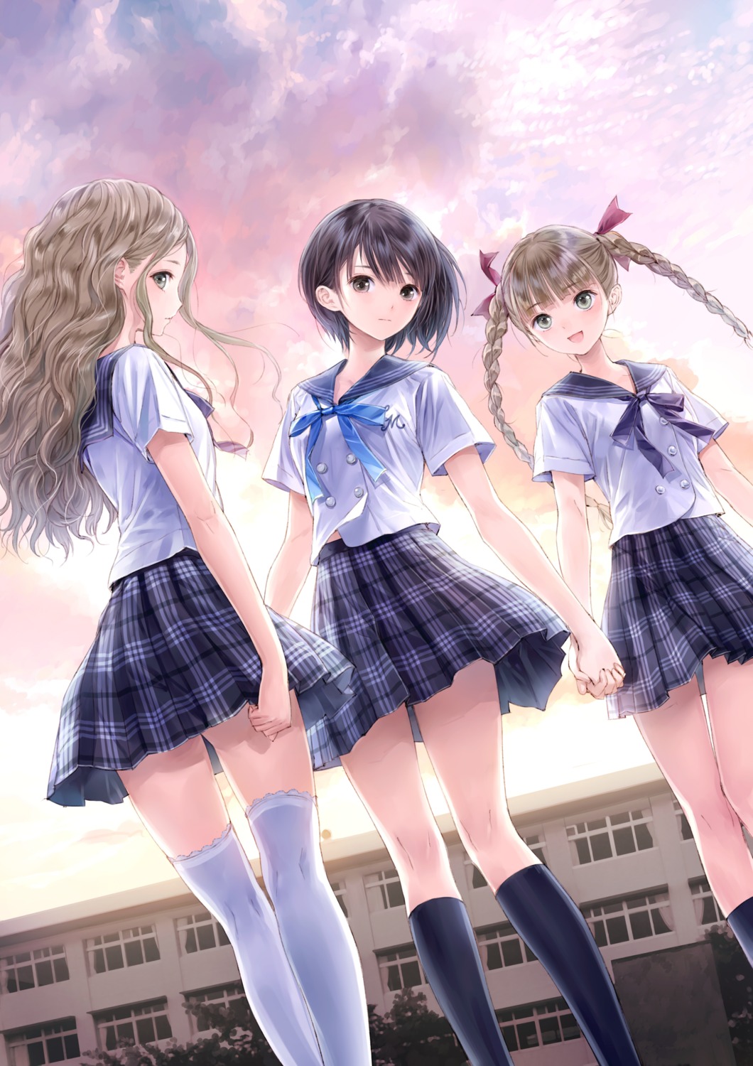 blue_reflection, gust_(company), kishida_mel, seifuku, shijou_raimu, shijou_yuzuki, shirai_hinako, thighhighs