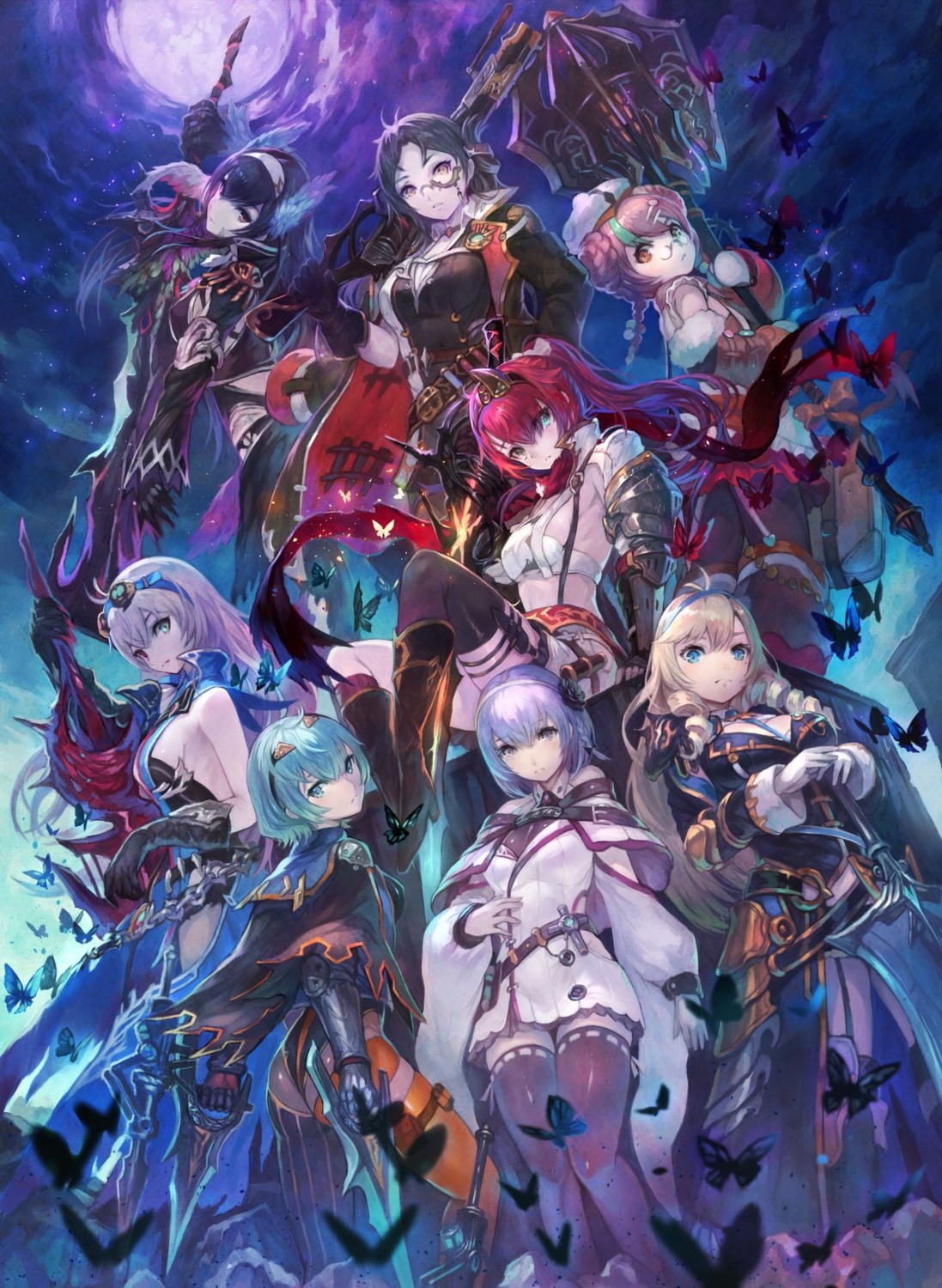 alushe_anatoria, armor, arnice_(yoru_no_nai_kuni), bra, camilla_arukado, cleavage, eleanor_ernesto, gun