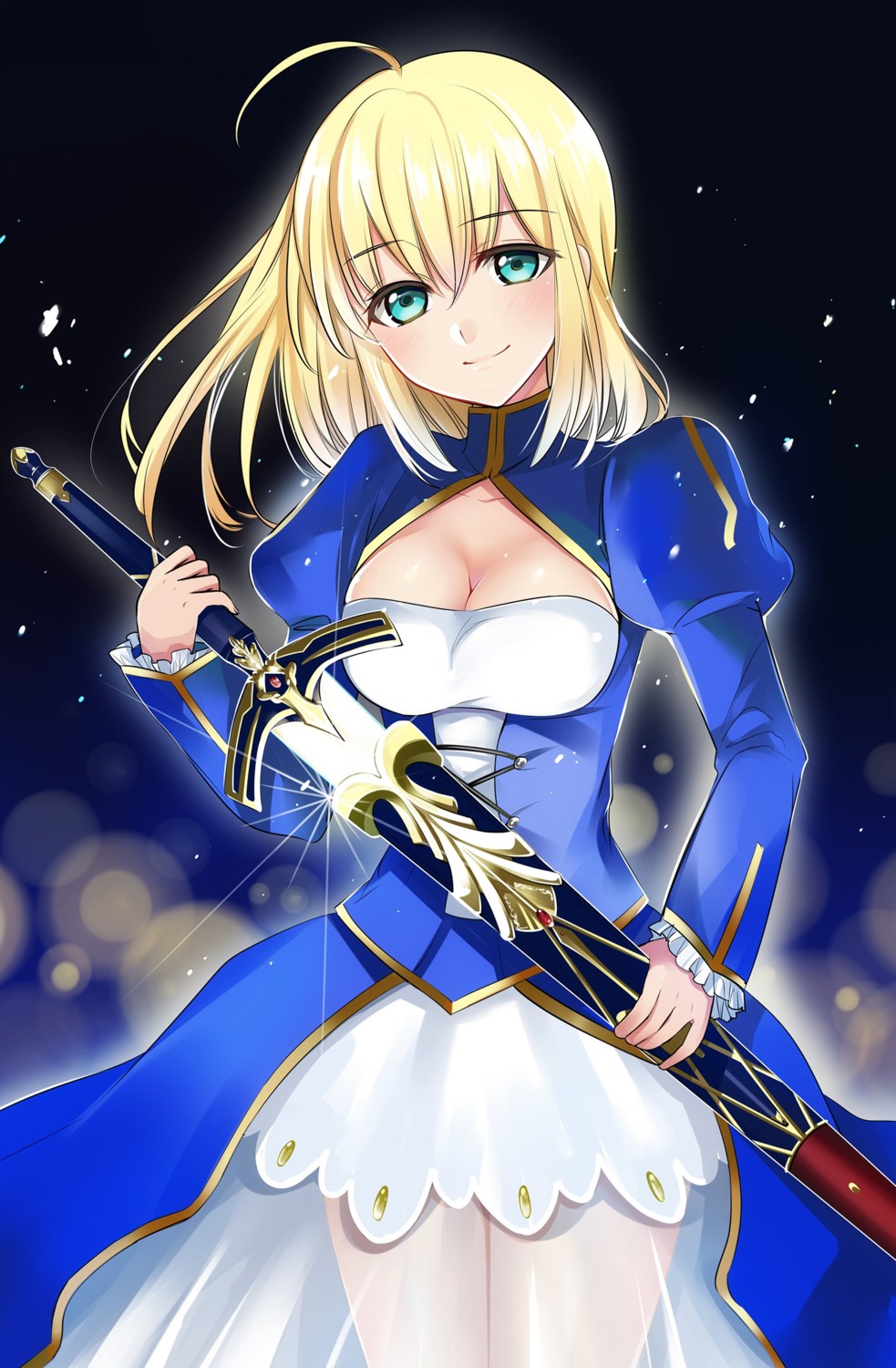 artoria_pendragon_(fate), cleavage, dress, fate/stay_night, see_through, sword, tate