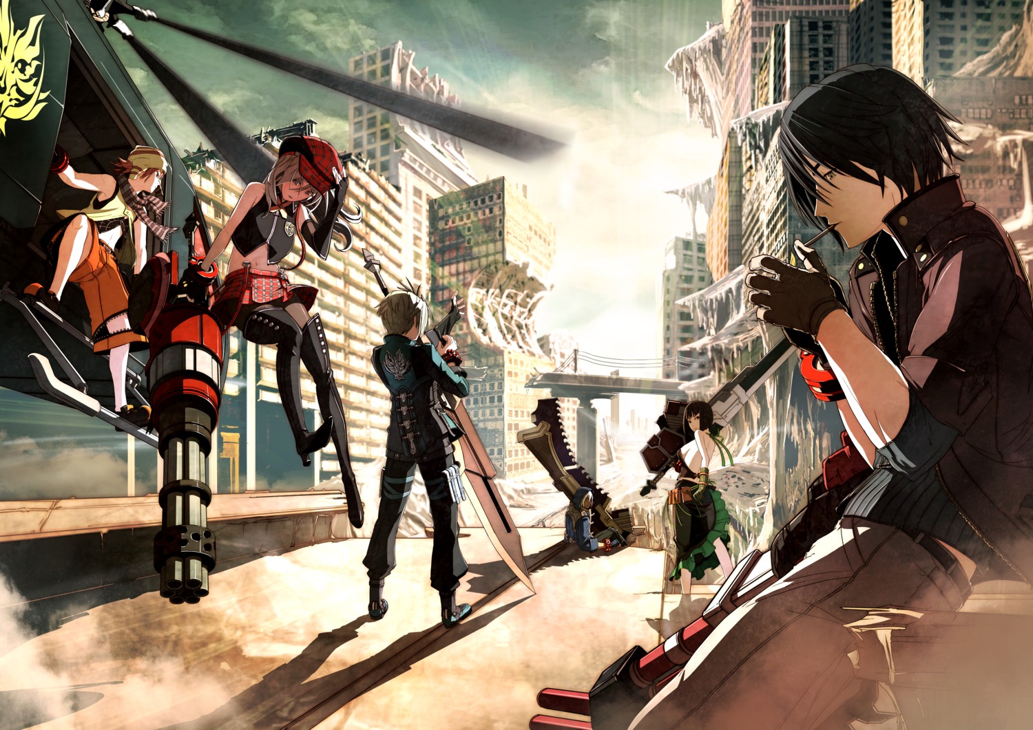 alisa_ilinichina_amiella, god_eater, gun, heels, no_bra, pantyhose, sakuya_(god_eater), shio, smoking, sword, tachibana_sakuya, tagme, thighhighs