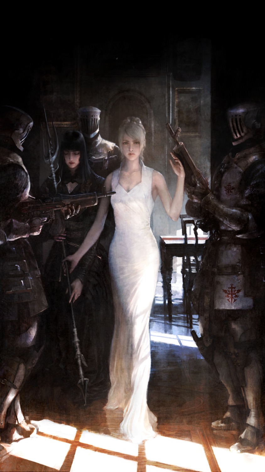 armor, cleavage, dress, final_fantasy_xv, gun, lunafreya_nox_fleuret, tagme, weapon