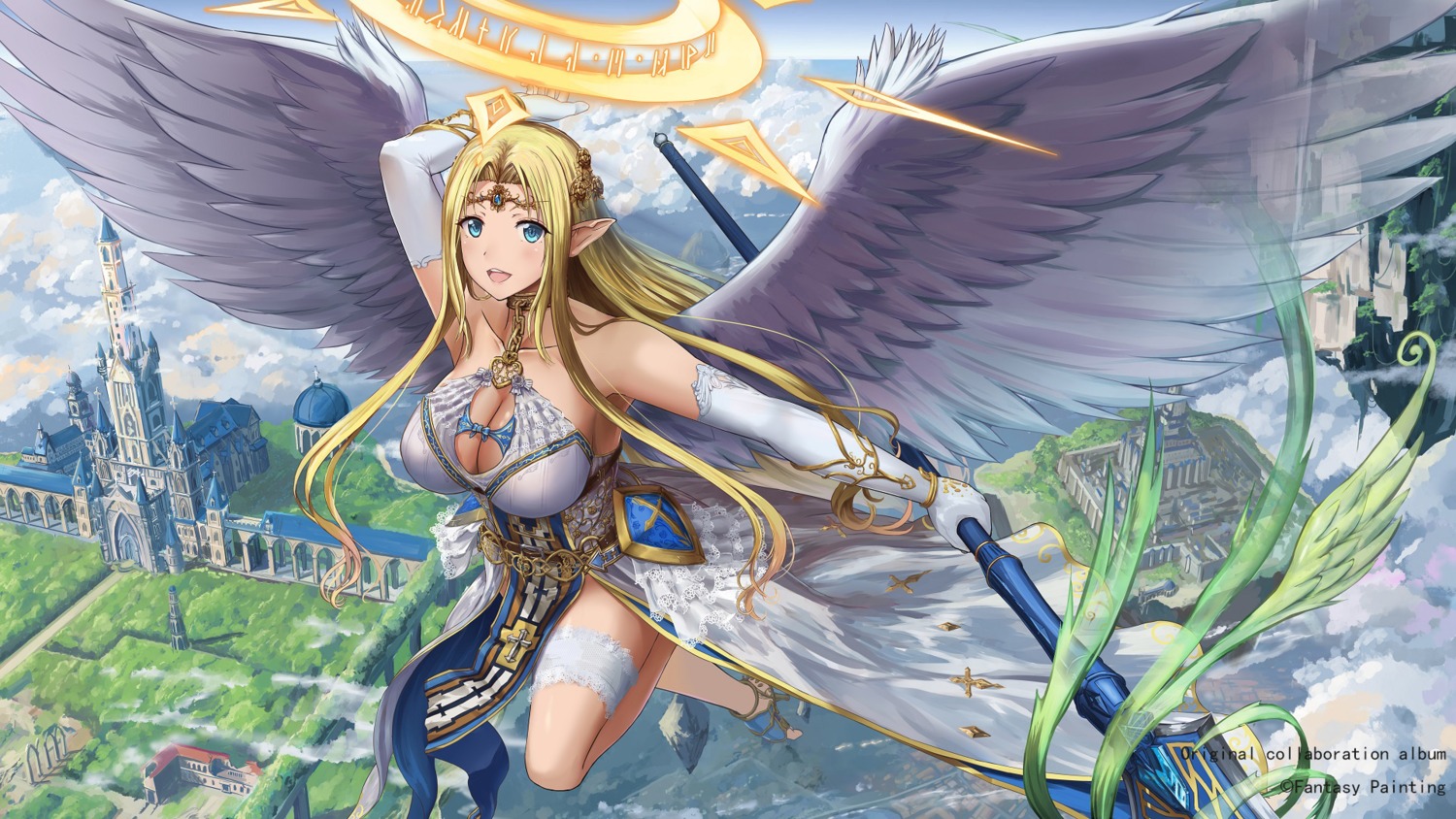 cleavage, garter, heels, huanghyy, pointy_ears, wallpaper, weapon, wings
