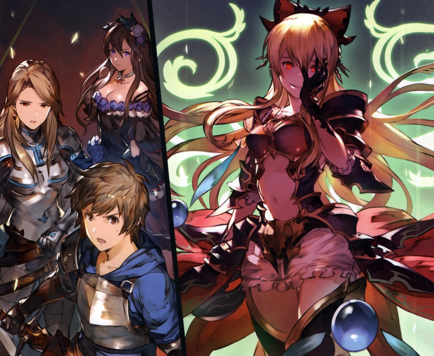 armor, cleavage, dress, granblue_fantasy, katarina_(granblue_fantasy), minaba_hideo, rosetta_(granblue_fantasy), thighhighs, vila_(granblue_fantasy)