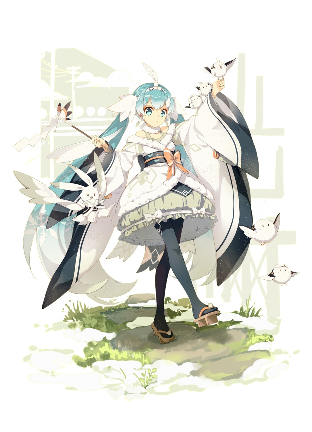 hatsune_miku, japanese_clothes, lf, pantyhose, vocaloid, yuki_miku