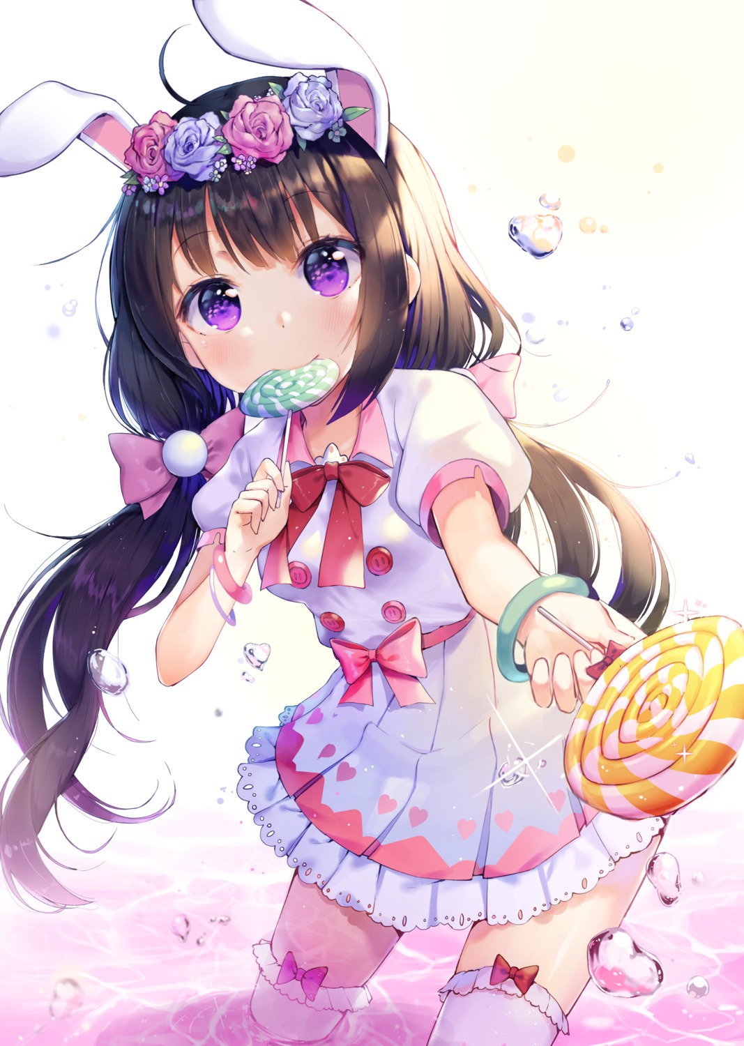 animal_ears, bunny_ears, dress, shoonia, thighhighs, wet