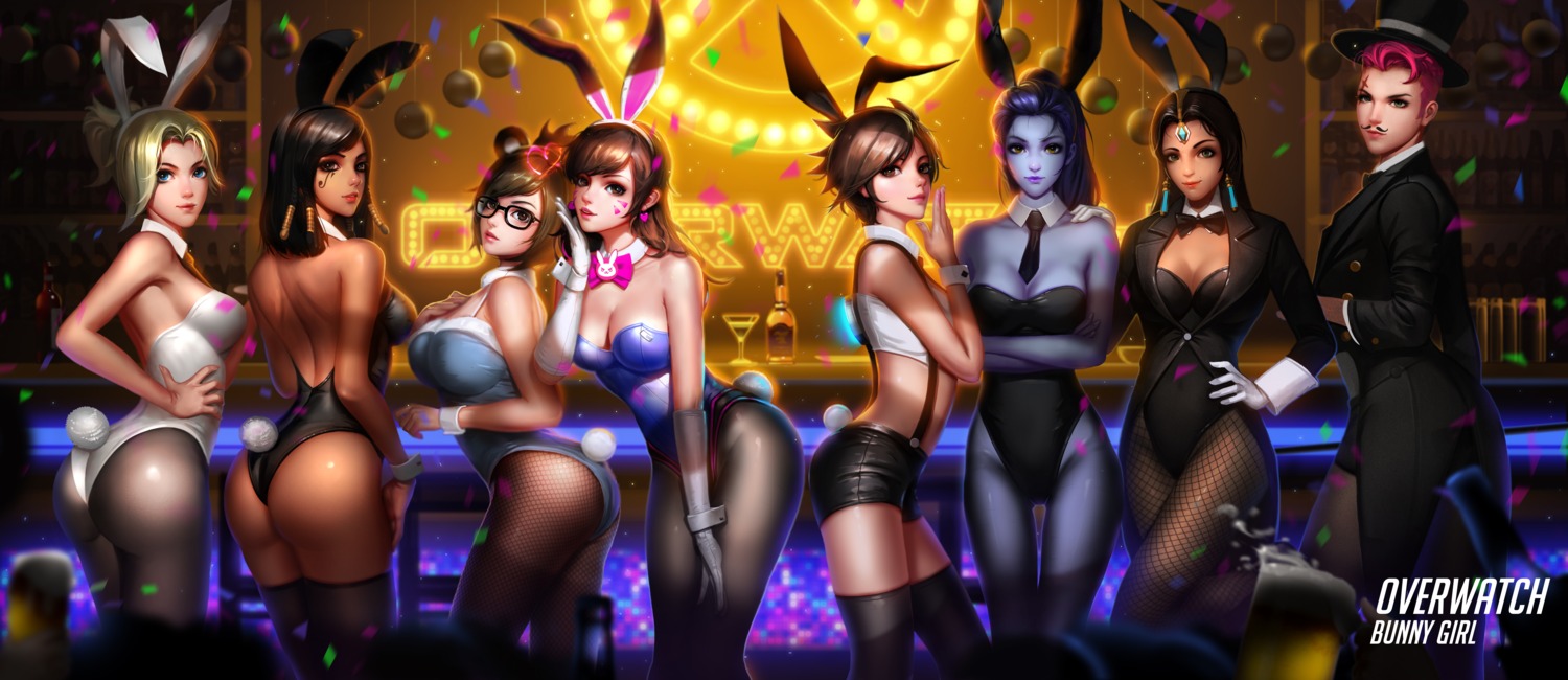 animal_ears, ass, bunny_ears, bunny_girl, cleavage, d.va, fishnets, liang_xing, megane, mei_(overwatch), mercy_(overwatch), no_bra, nopan, overwatch, pantyhose, pharah, symmetra_(overwatch), tail, thighhighs, tracer, widowmaker, zarya