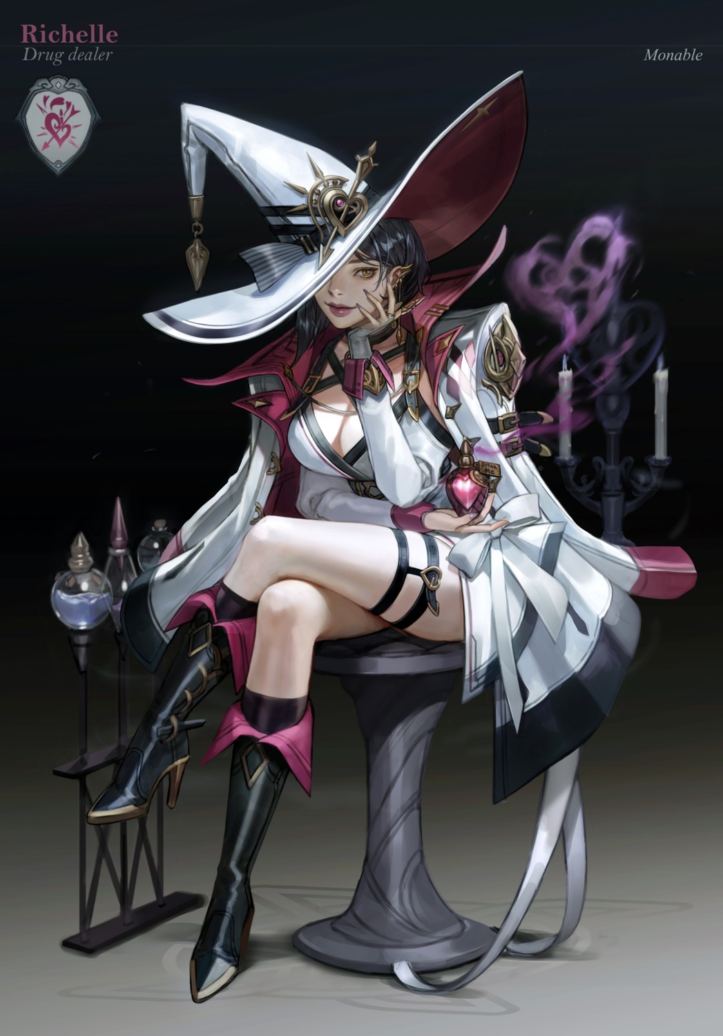 cleavage, garter, heels, monable, pointy_ears, witch