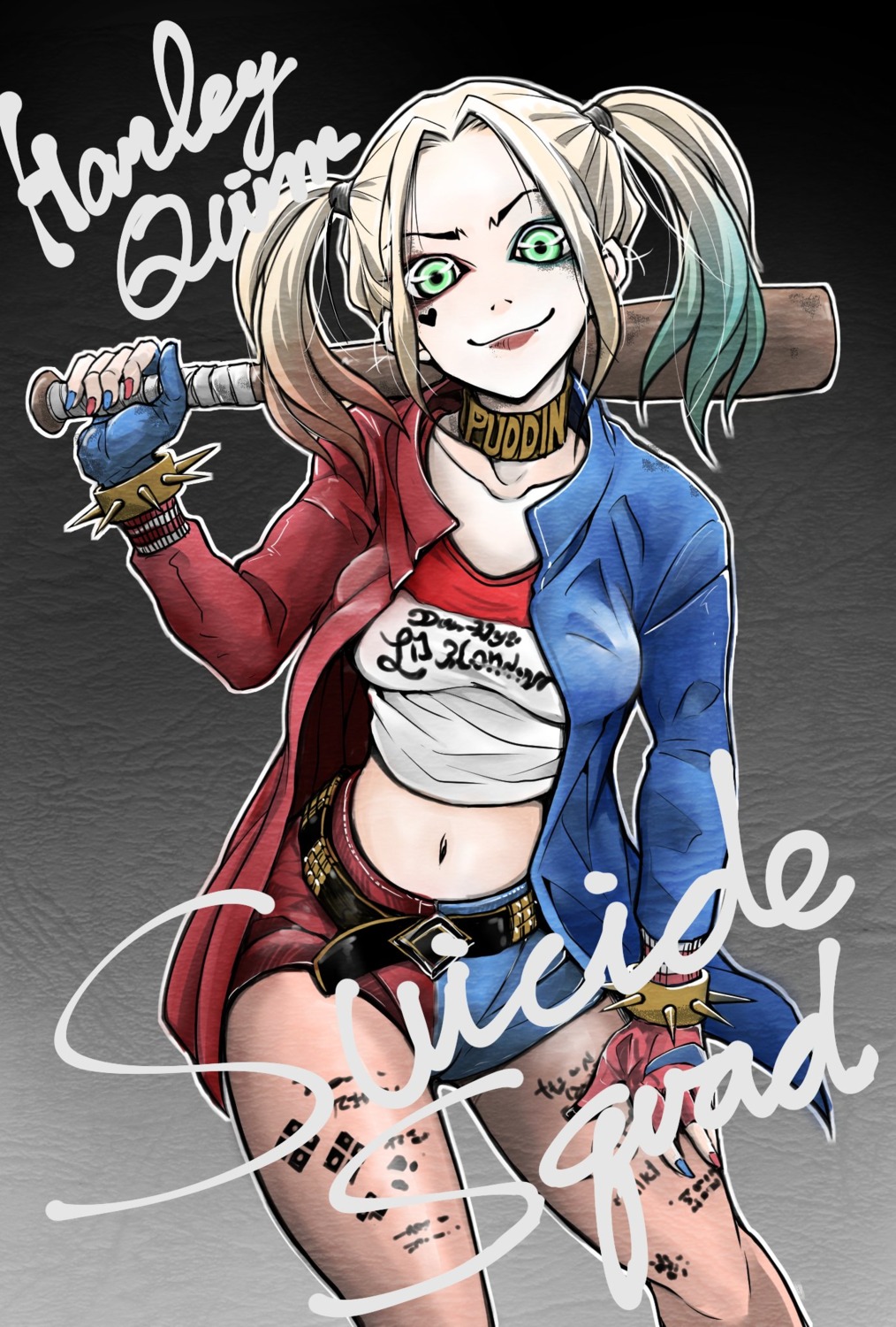 batman, dc_comics, fukui_ashibi, harley_quinn, pantyhose, suicide_squad, tattoo, weapon