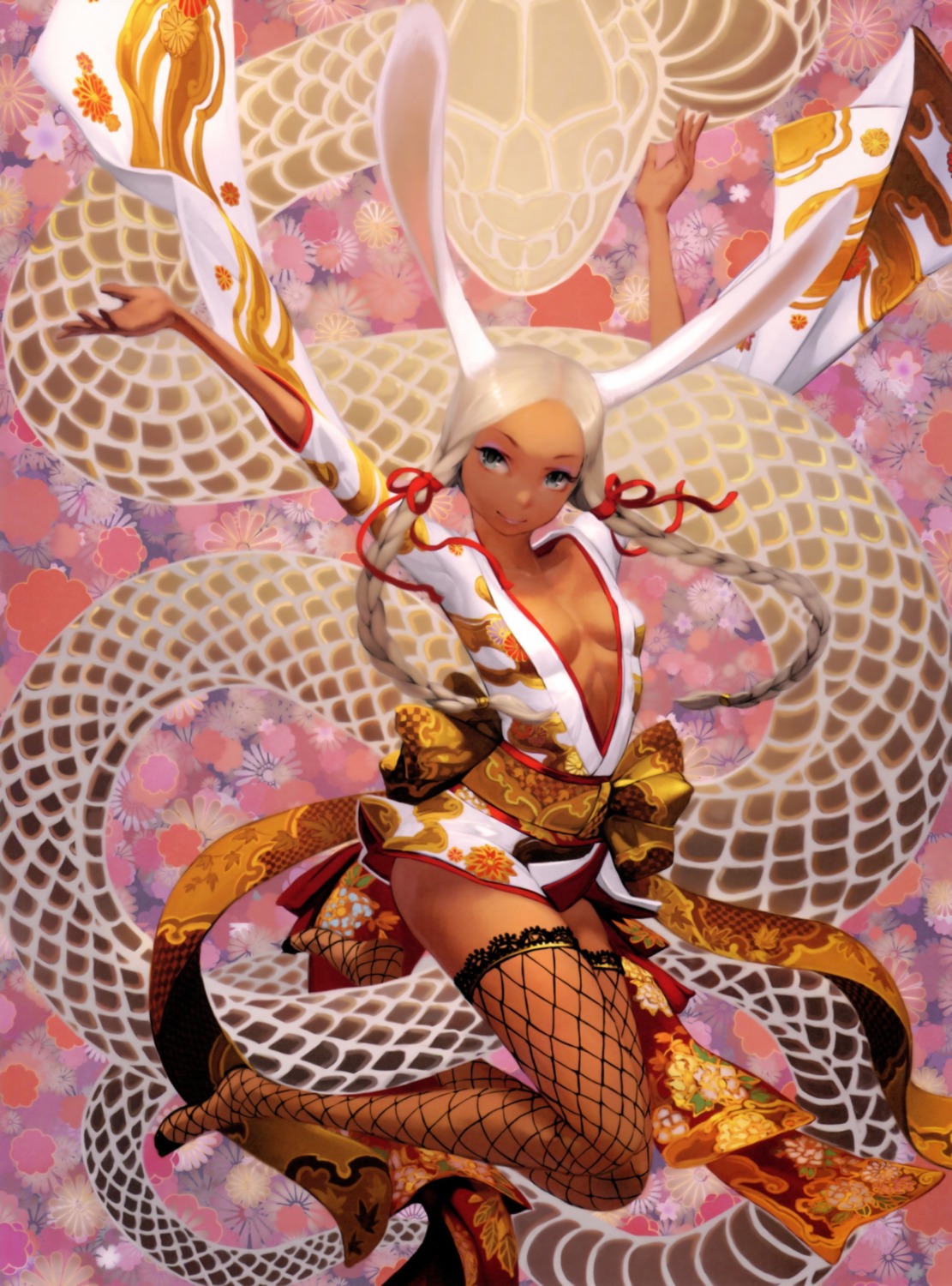 animal_ears, bunny_ears, cleavage, fishnets, no_bra, open_shirt, thighhighs, yamamoto_takato