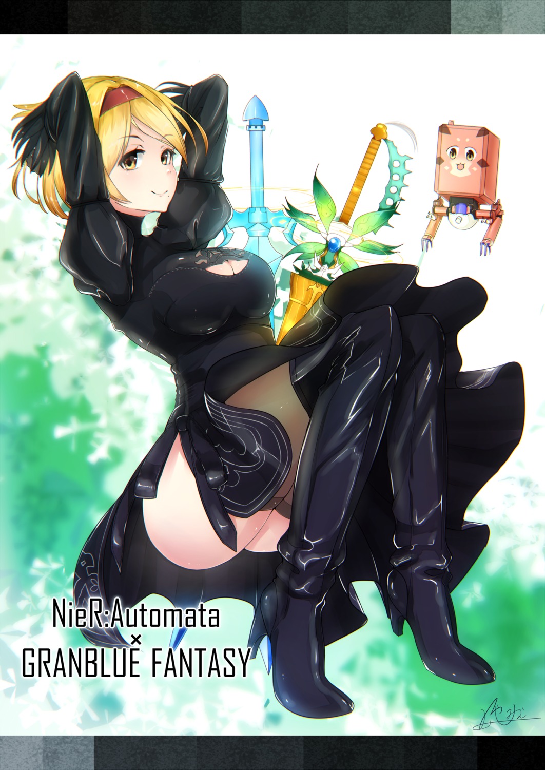 cleavage, cosplay, djeeta_(granblue_fantasy), dress, granblue_fantasy, heels, hiyashi_mikan, nier, nier_automata, sword, thighhighs, yorha_no.2_type_b