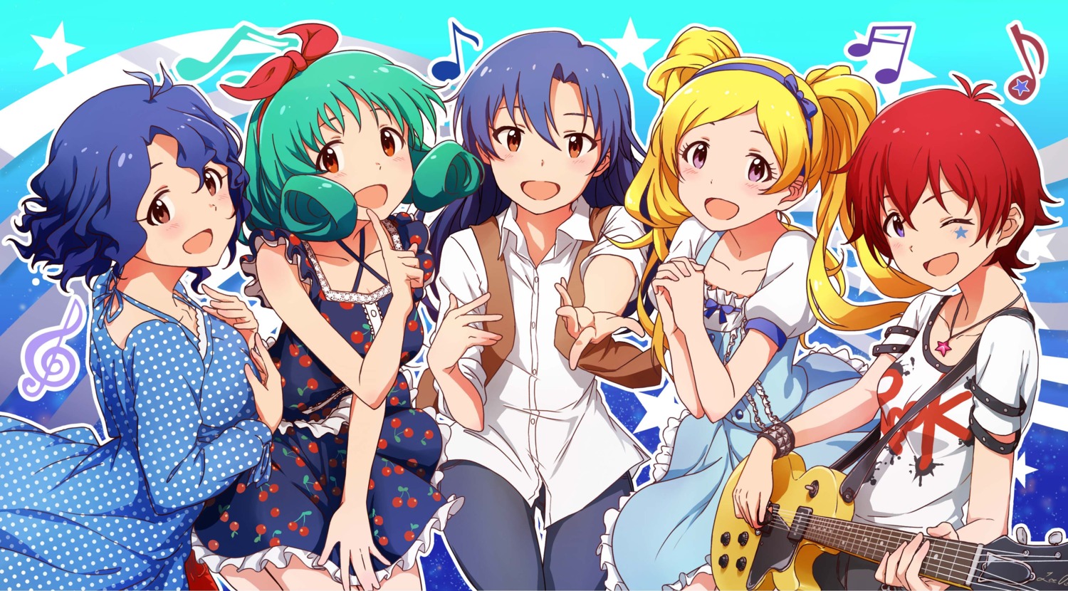 ayano_yuu, dress, emily_stewart, guitar, julia_(idolm@ster), kisaragi_chihaya, the_idolm@ster, the_idolm@ster_million_live!