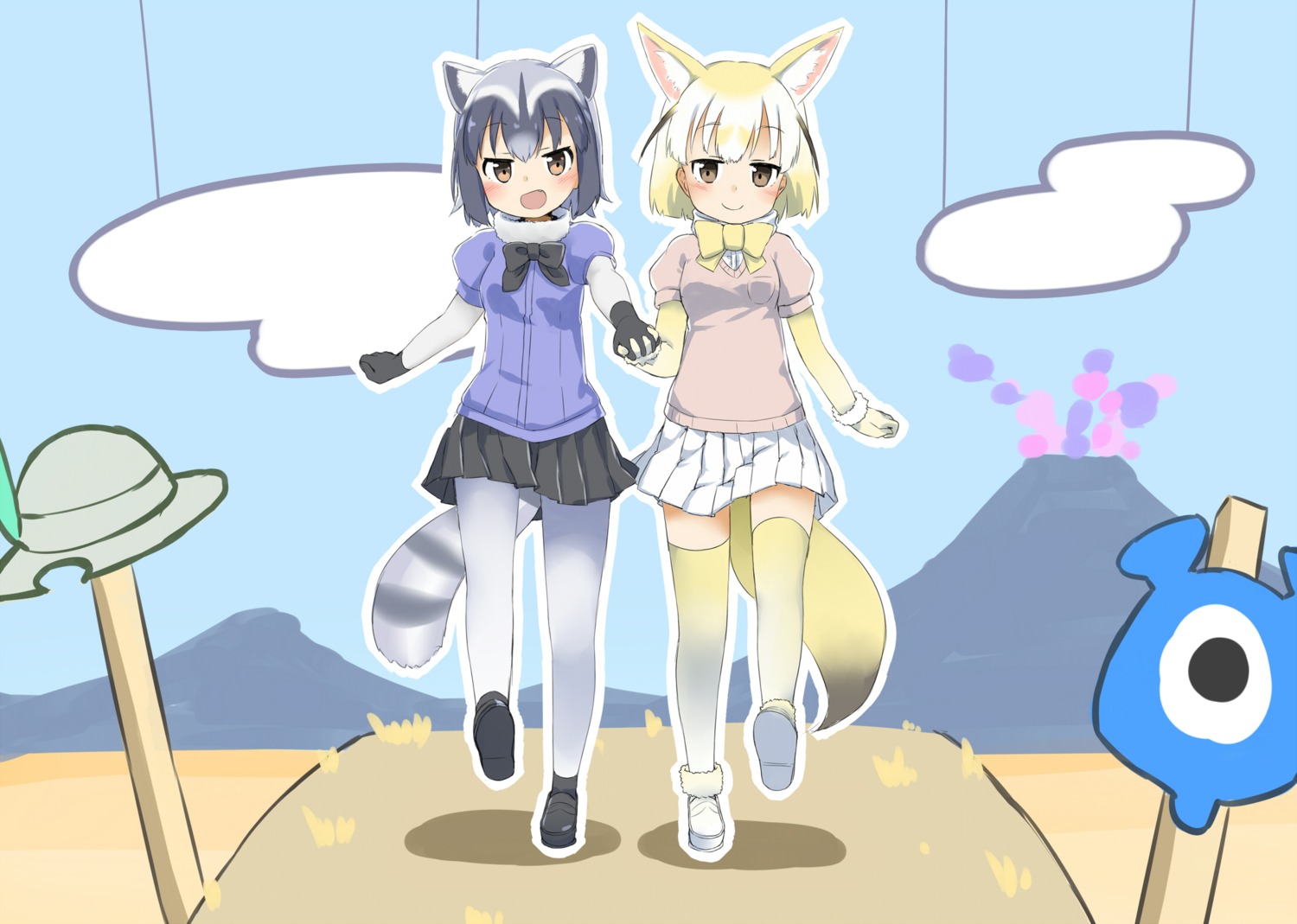 animal_ears, common_raccoon, fennec_(kemono_friends), kemono_friends, pantyhose, parody, sekira_ame, tail