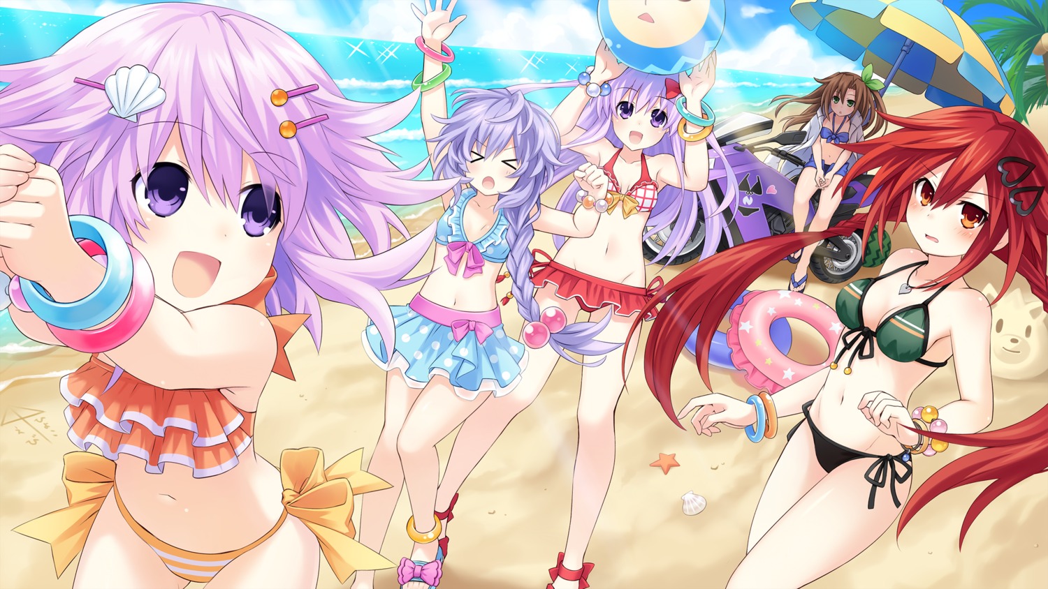 bikini, choujigen_game_neptune, cleavage, game_cg, if_(choujigen_game_neptune), nepgear, neptune, pururut, swimsuits, tennouboshi_uzume, tsunako